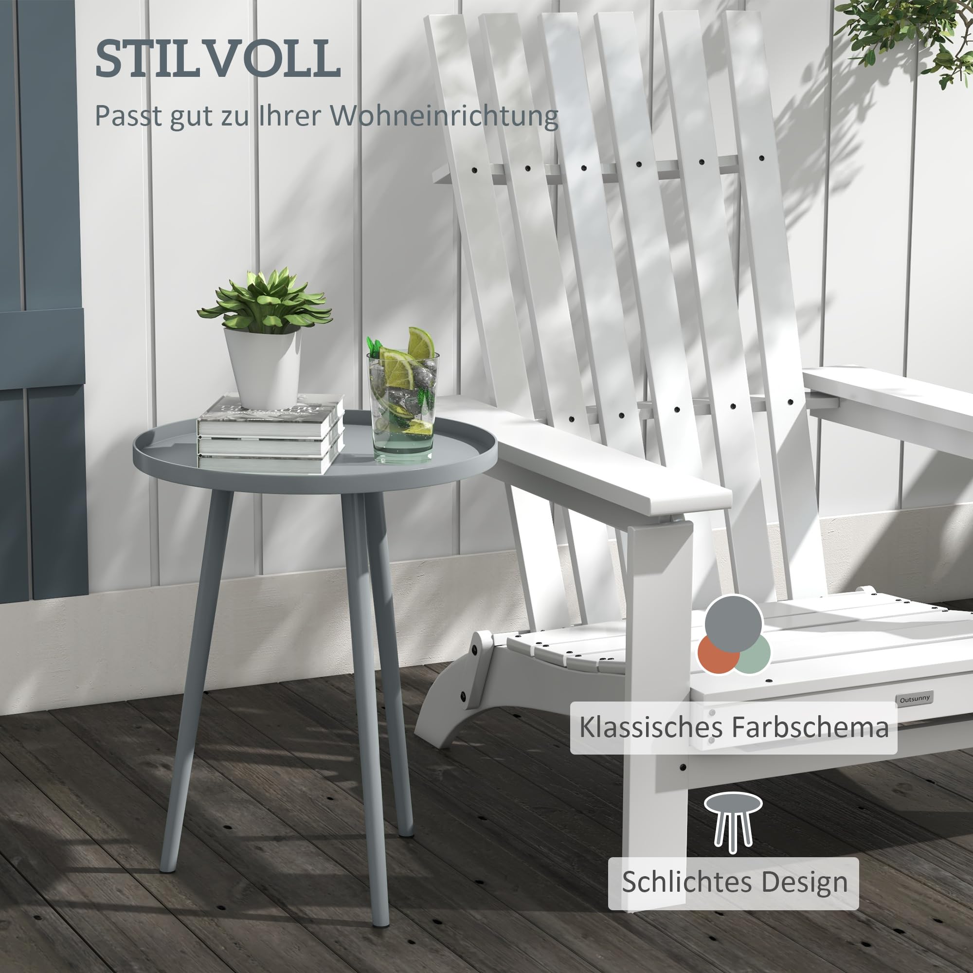 Outsunny Beistelltisch Garten, wetterfester Gartentisch mit erhöhtem Rand, Balkontisch aus Stahl, runder Kaffeetisch 20kg belastbar, Ø40x50H cm, Sofatisch für Outdoor Indoor Balkon Terrasse Grau