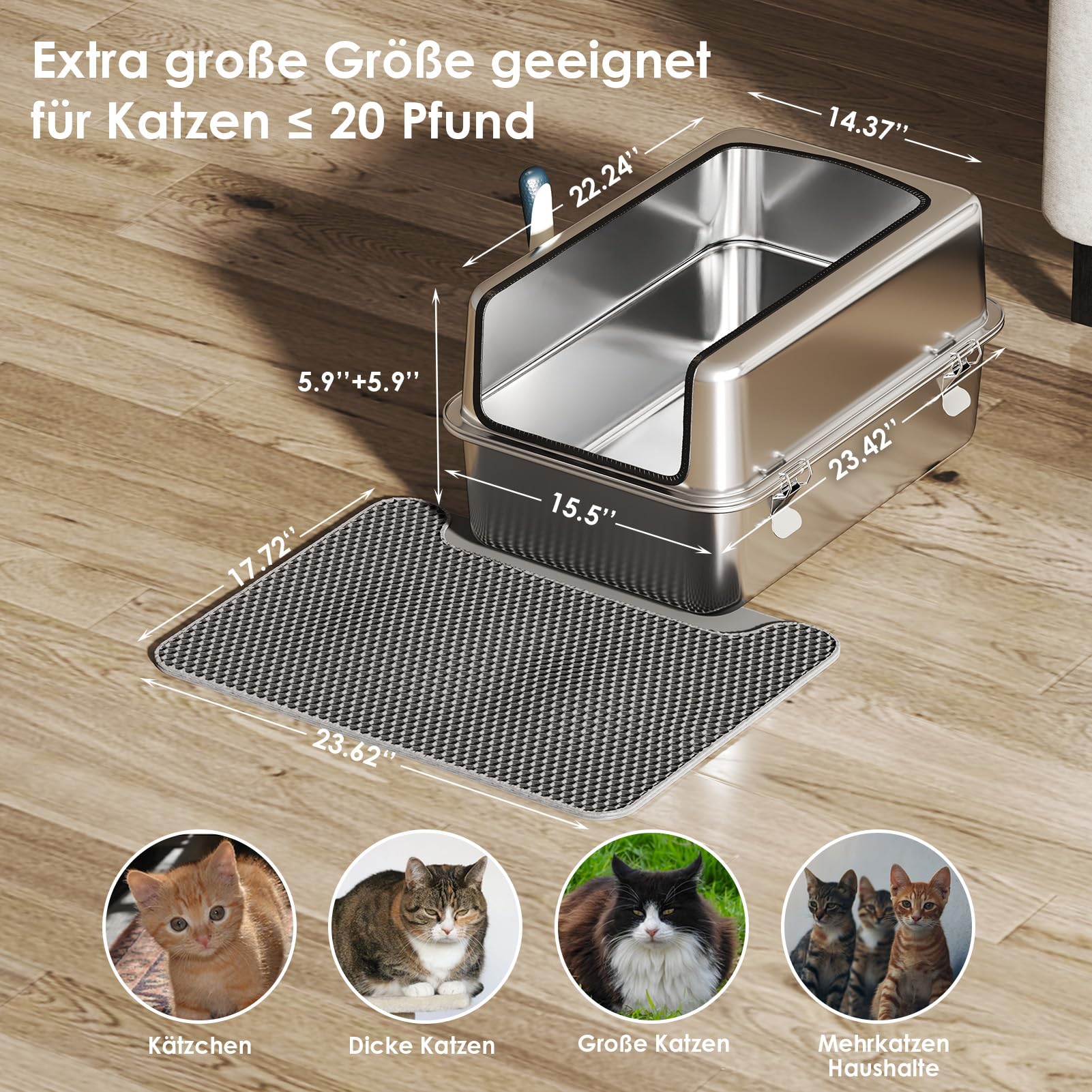 Youyijia XXL Katzentoilette Edelstahl, 30L Katzentoilette mit spritzwassergeschützt Deckel, großem Metall-Streubehälter, Streumatte und Streuschaufel, große und mittelgroße Katzen, 59,5 x 39,5 x 30 cm