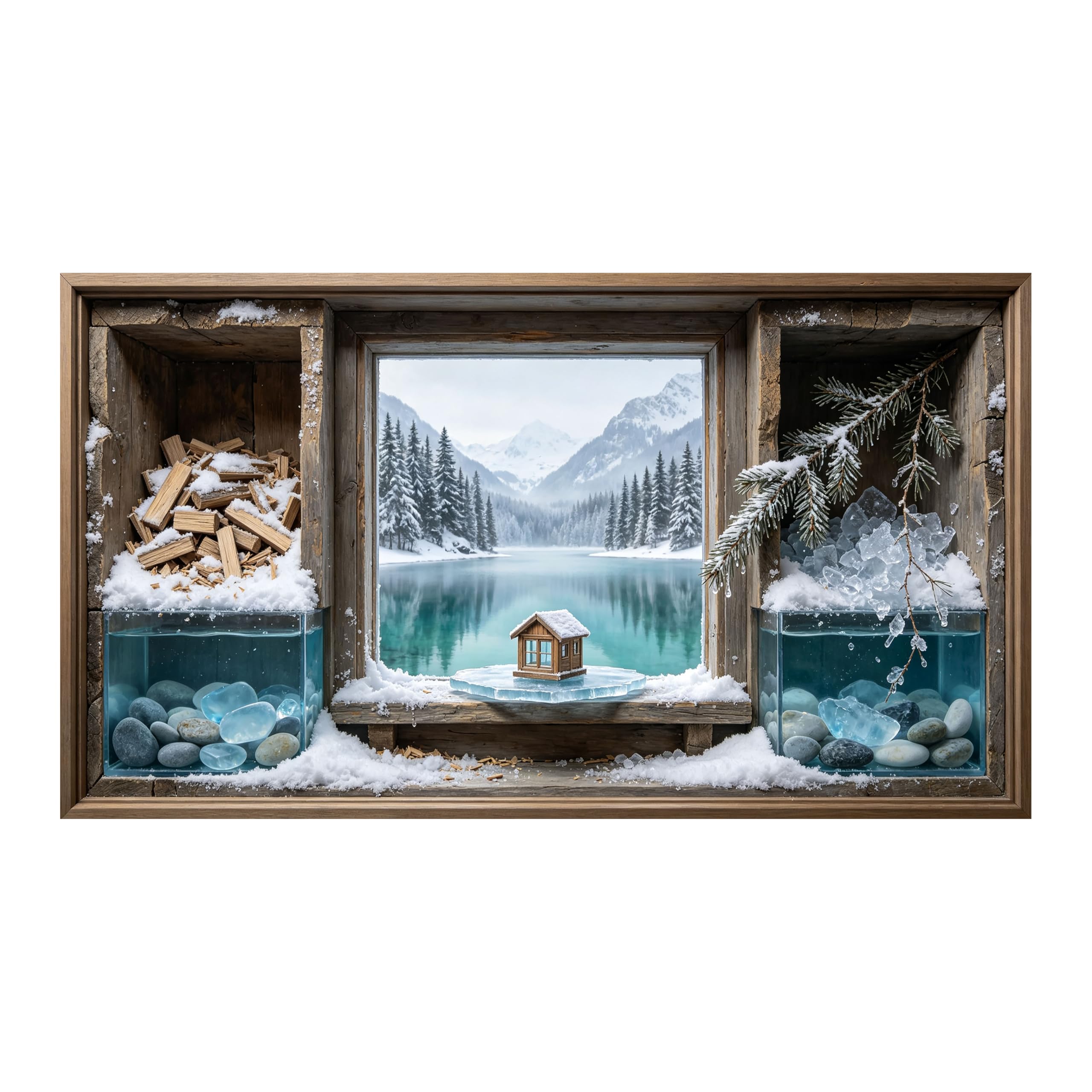 Yzpallescene Art260711219 3D Framed Wall Art Rustic Winter Lake Cabin Landscape Large Size Selfadhesive Removable Wall Decor Prints Artwork For Living Room Bedroom Office