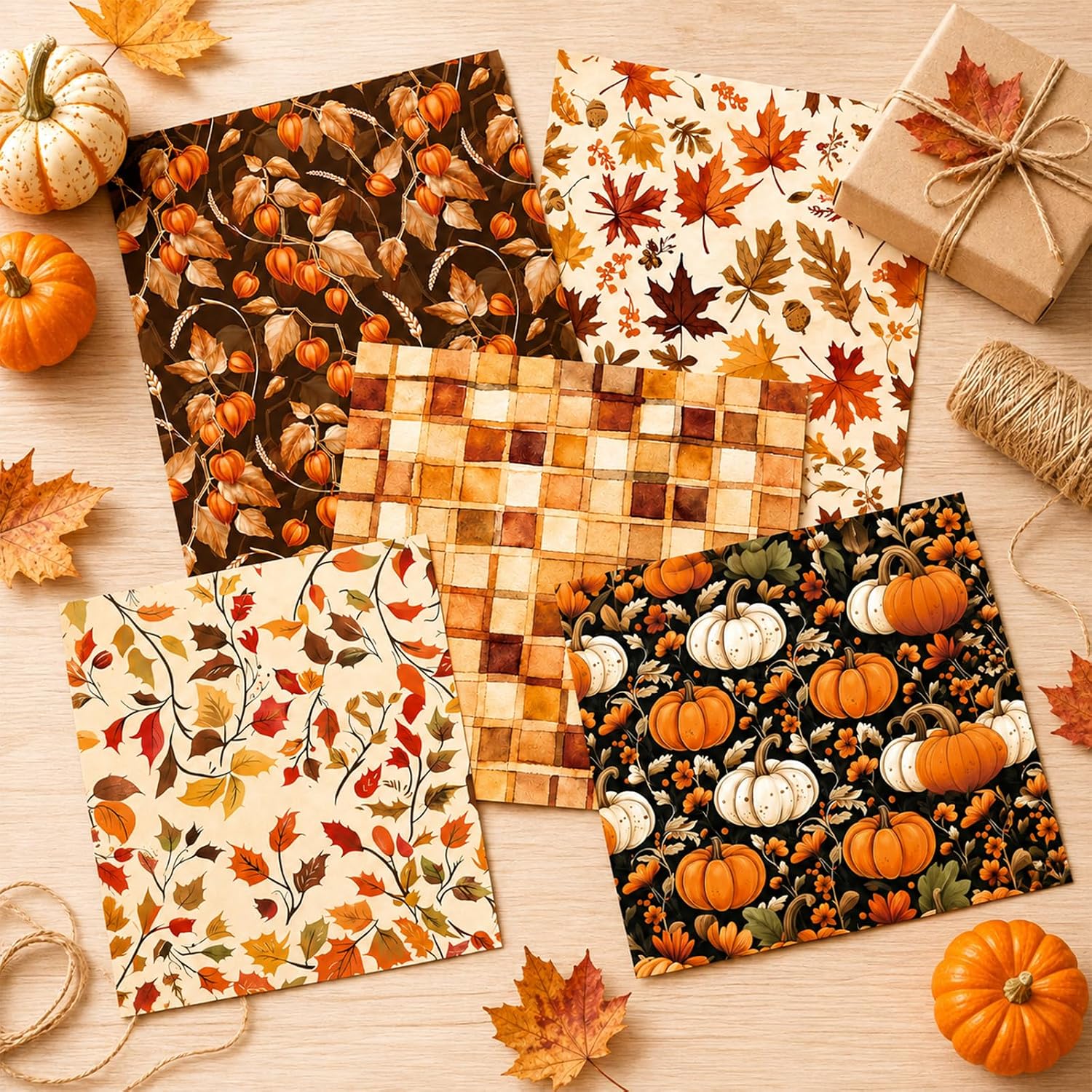 Whaline 36 Sheets Fall Pattern Paper Autumn Leaves Pumpkin Plaid Double Sided Scrapbook Specialty Paper for Thanksgiving DIY Crafts Card Making Photo Album Decor, 11.8 x 11.8 Inch