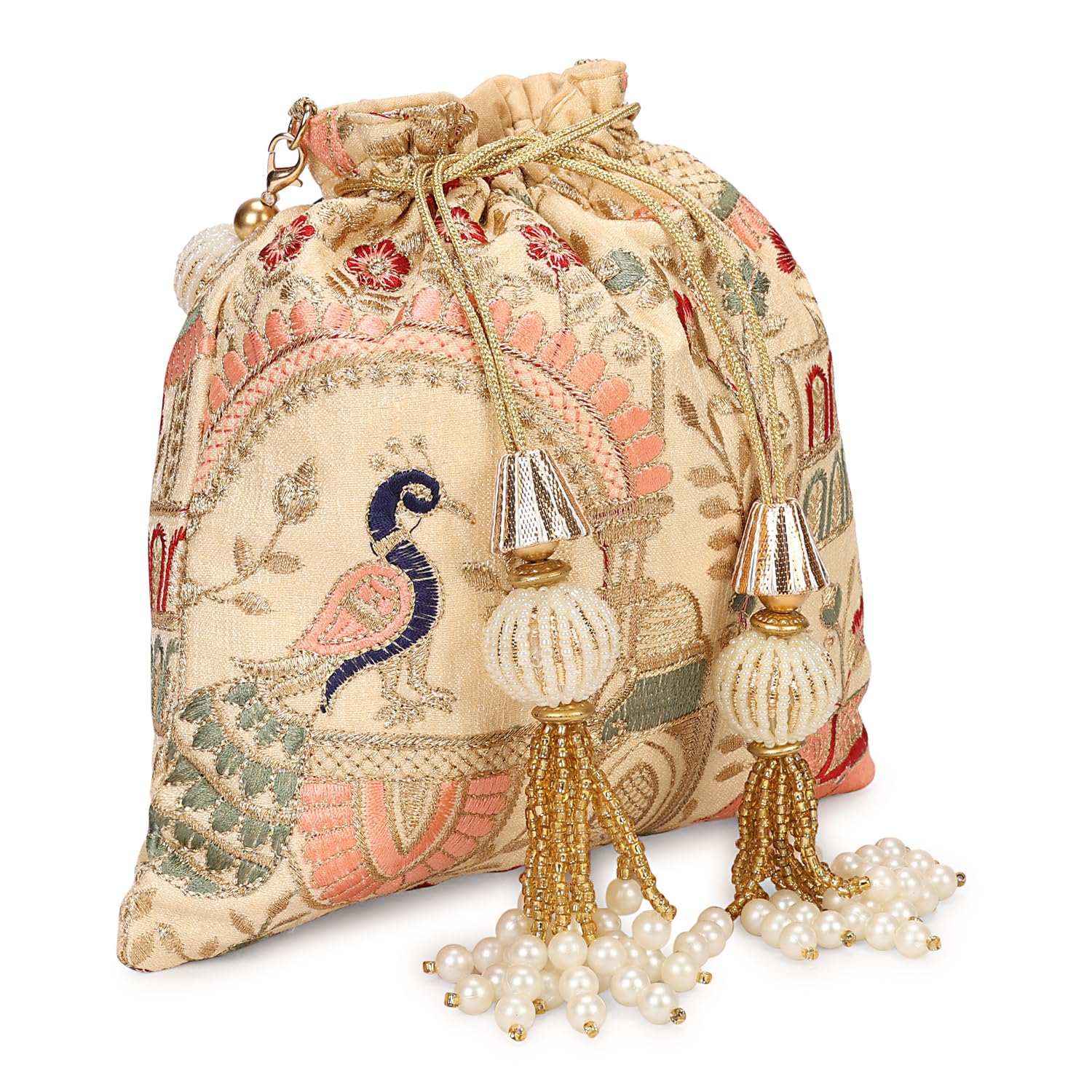 Women Luxury Floral Embroidered Potli Bag with Pearl Beading, Gold Tassels