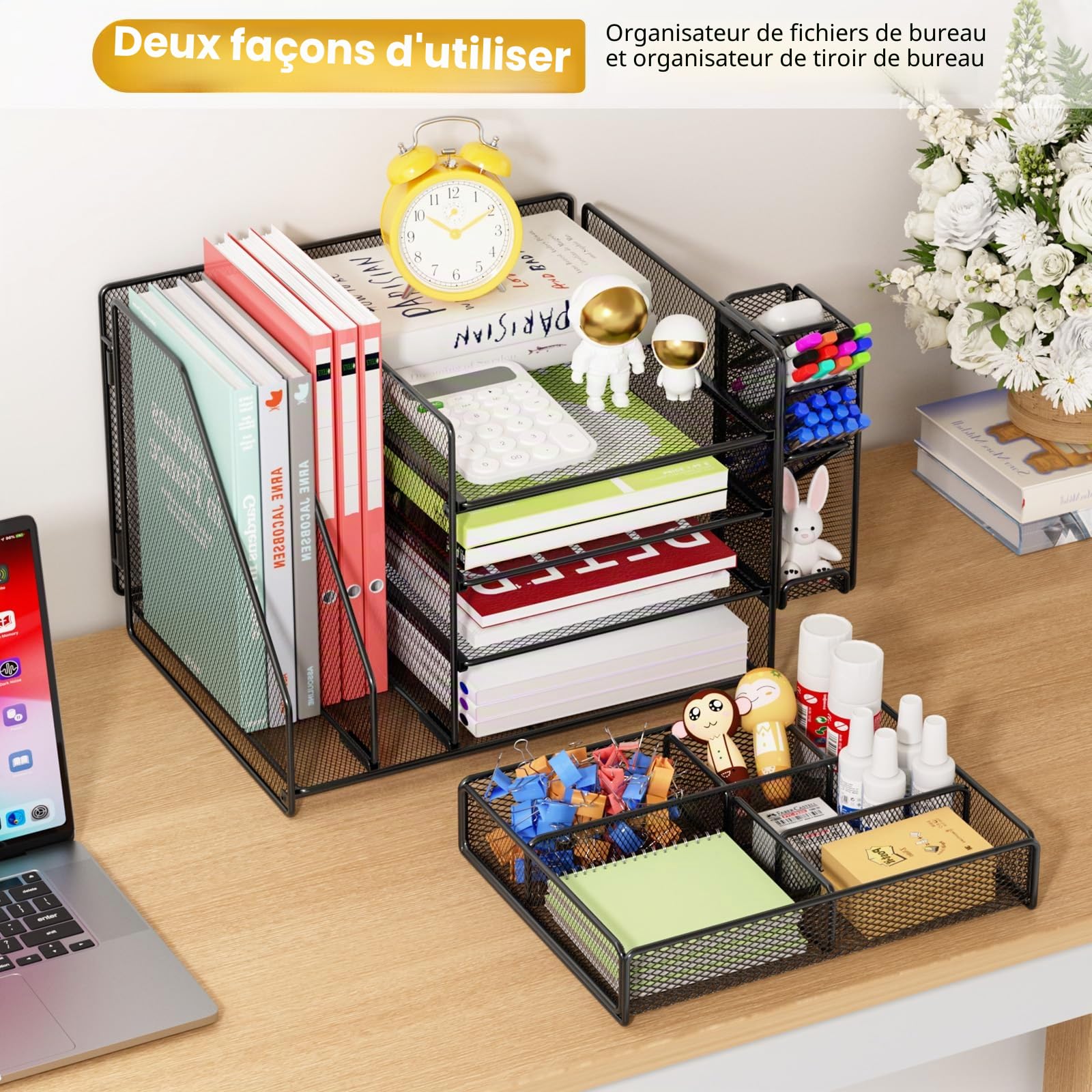 Organiseur de bureau avec porte-dossiers, organiseur de papier à 5 niveaux avec porte-stylos, organiseur de fichiers de bureau en maille avec porte-revues (noir)