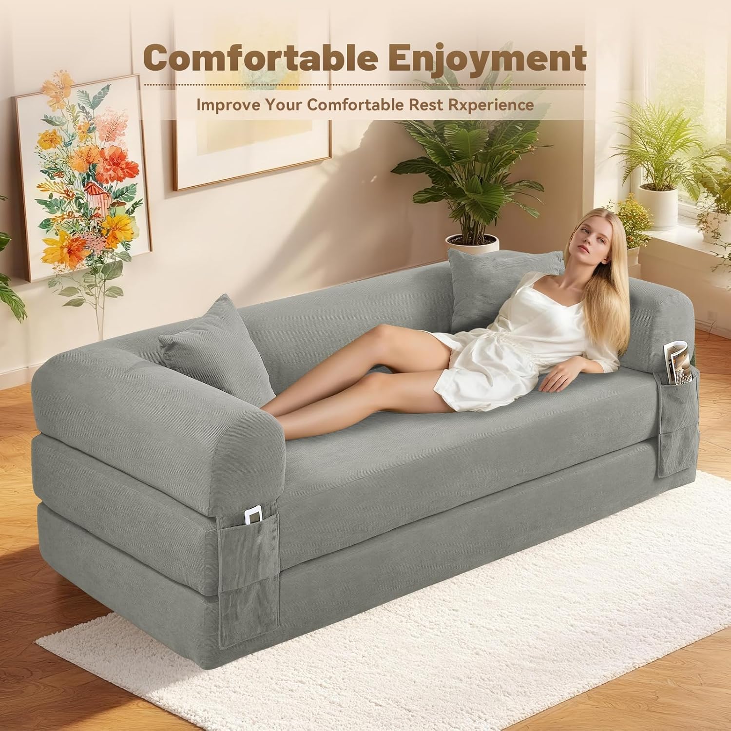 80 Inch Convertible Sofa Bed,Folding Pull Out Couch with Pillows & Storage Pocket,Corduroy Queen Sleeper Sofa in a Box,No Assembly Boneless Couch for Living Room,Light Gray