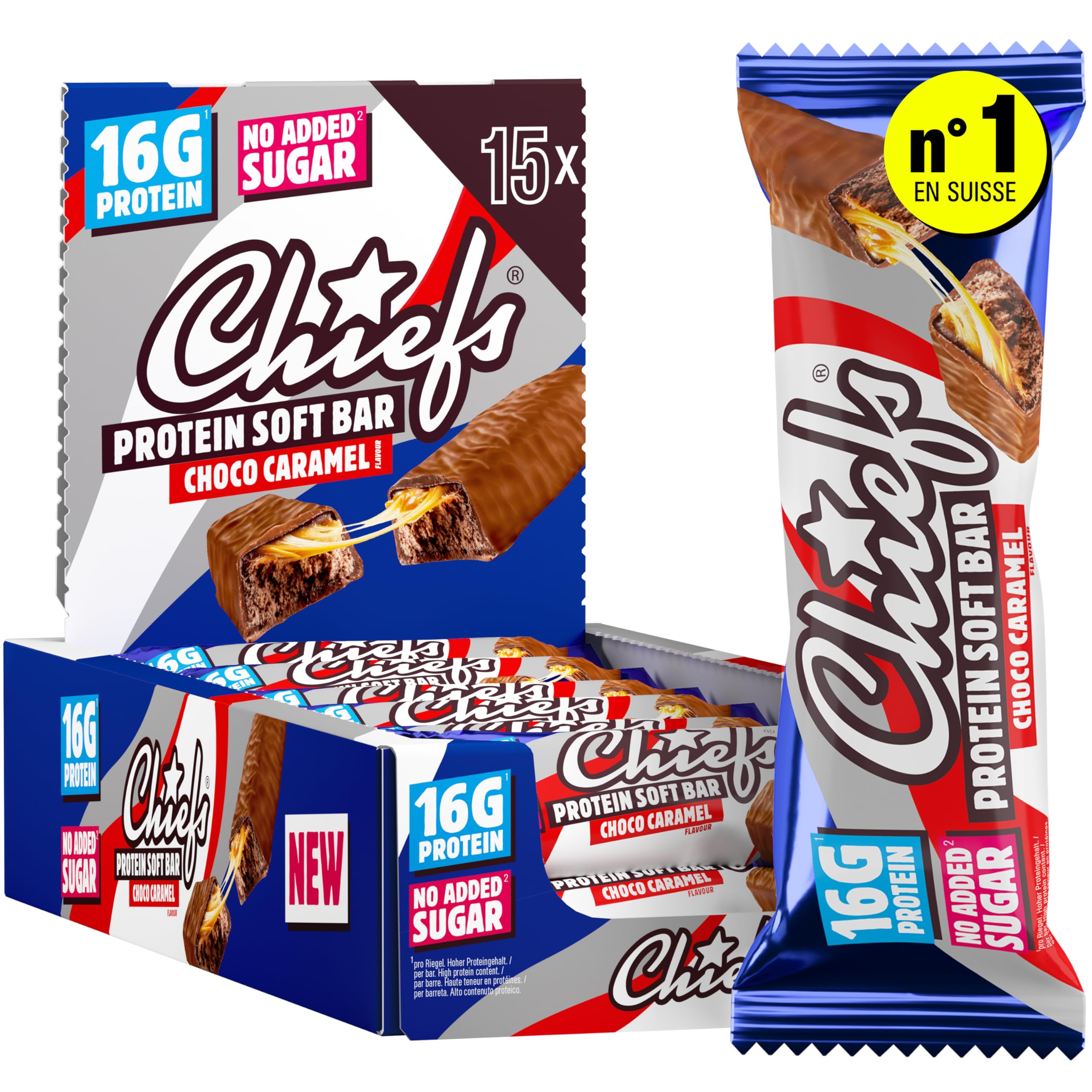 CHIEFS Barre Protéinée Soft - 16g Haute Protéine, Sans Sucre Ajouté, Sans Huile de Palme, Soft Bar Choco Caramel - 15 x 55g