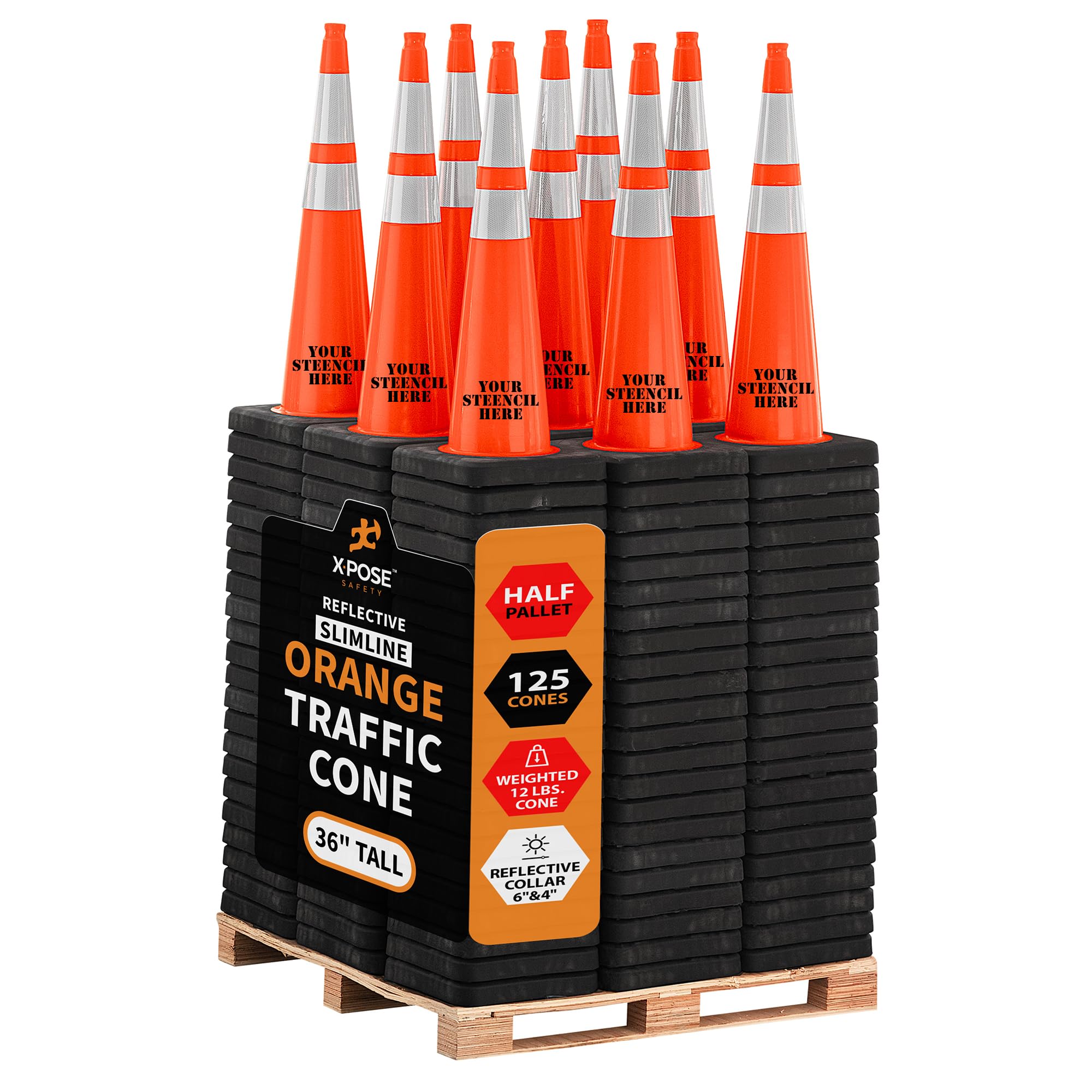 Xpose Safety 36 Inch Orange Slim Line Traffic Cones Heavy Duty 12lb, 6" & 4" Collar - Bulk Half Pallet 125 Pack - Multipurpose PVC Plastic Safety Cone