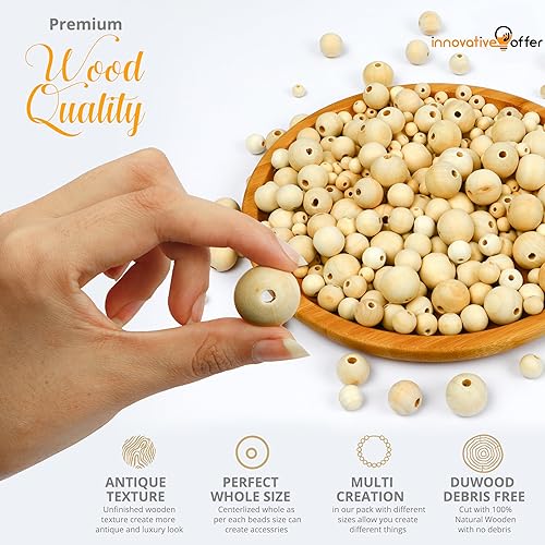 Miniatura 3 de Innovative Offer 510 cuentas de madera con cordel de yute, 6 tamaños de cuentas de madera sin terminar para manualidades con agujeros, cuentas de 8,