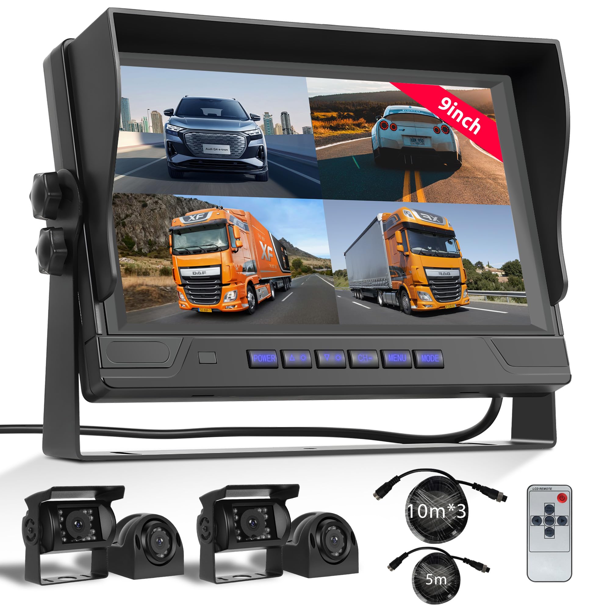 Telecamera Retromarcia Set 4 Telecamere, 9 Pollici Monitor 4 Schermi Suddivisi, IP68 Impermeabile/Visione Notturna/DVR/Loop Video/Ausilio al Parcheggio, per Camion/Bus/KFZ/Furgone/Camper con 35M Cavo