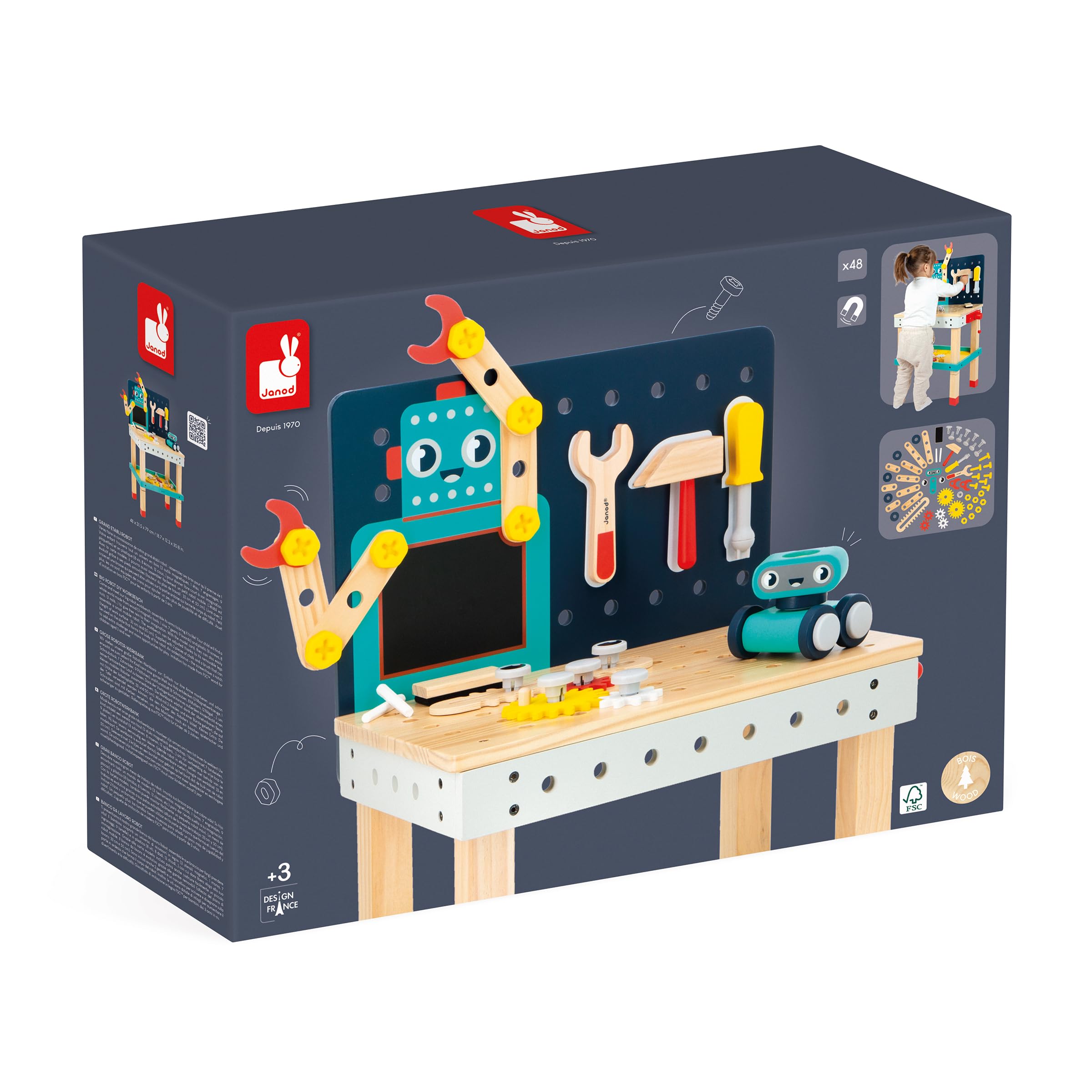Janod - Mon Premier Jeu de Construction - Grand Établi Robot - Jeu de Bricolage Enfant - 50 Pièces - Hauteur Ajustable - Imitation - 3 Ans + - J06457