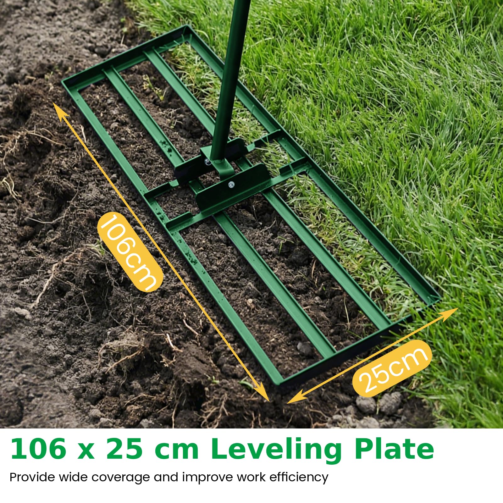 Livella per prato resistente, 76x25 cm, con manico regolabile da 85 a 195 cm, pieghevole, adatta a terreni come terra, sabbia e ghiaia. Design ergonomico per prati, campi da golf e giardini.