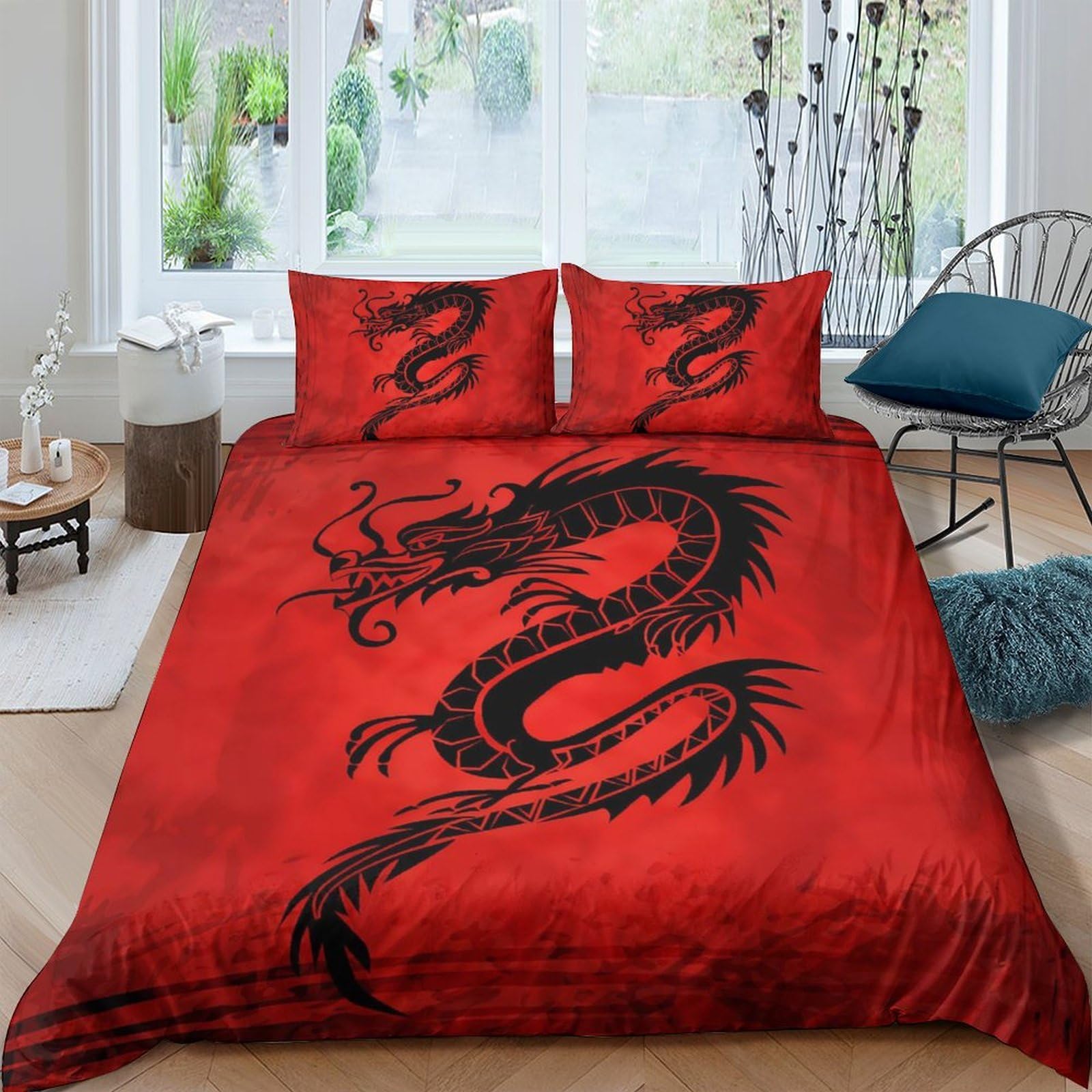 GPLZQXKJNH 3D Printed Red Dragon Duvet Cover Microfiber Soft Breathable Oriental Serpent Bedding Set with 2 Pillowcases for Bedroom Décor Single（135x200cm）
