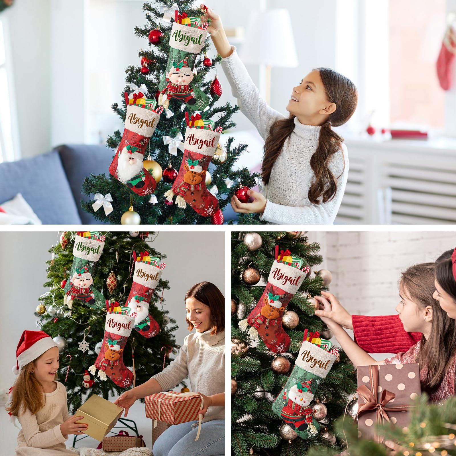 Nikolausstrumpf Personalisiert mit Namen Kinder, 46 cm Große Weihnachtsstrumpf zum Aufhängen & Befüllen, 4er Set Familie Weihnachtssocken Kamin Personalisierter Nikolausstiefel Weihnachtsdeko