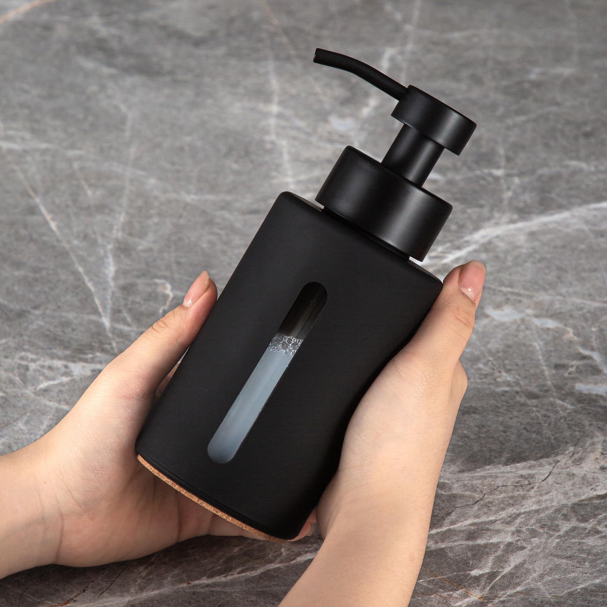 Enra Dispenser di sapone in vetro con pompa in acciaio inossidabile opaco, dispenser di sapone liquido e manuale da 350 ml, con rivestimento in gomma, per bagno e cucina (nero)