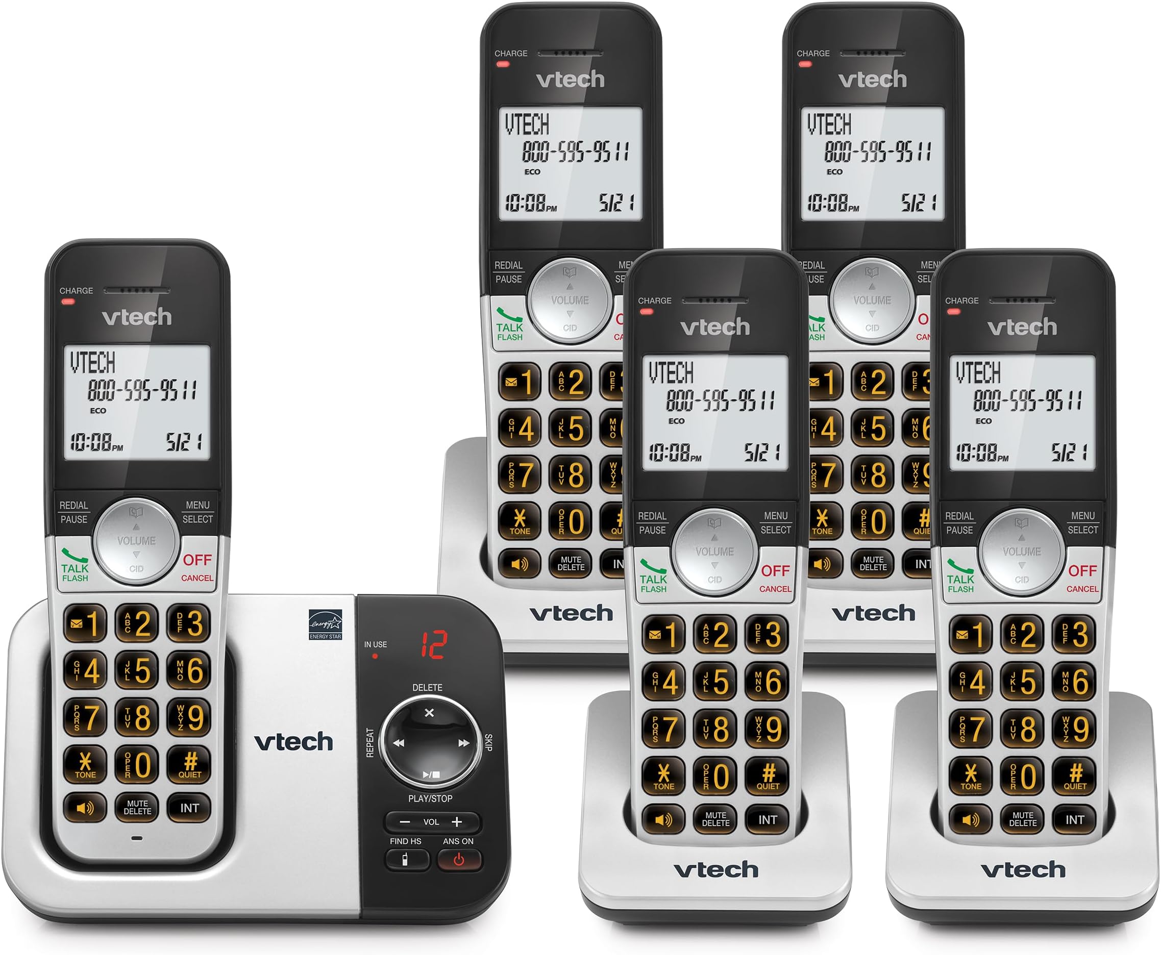 VG232-5 DECT 6.0 Cordless Phone with Digital Answering Machine, 5 Handsets – Large Backlit Display, Big Buttons, Full-Duplex Speakerphone, Caller ID, Easy to Use
