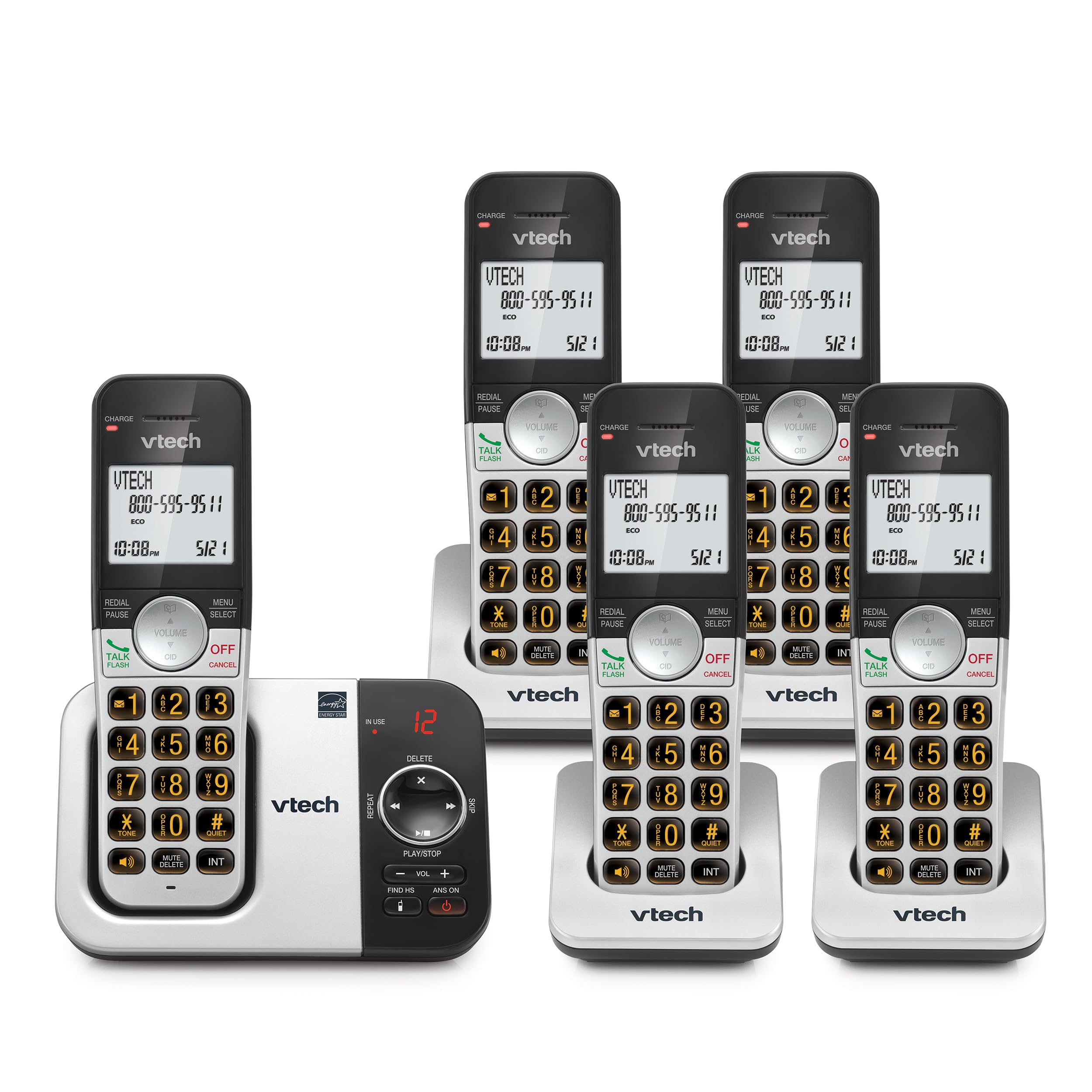 VTech Cordless Phone with Answering Machine 5-Handset - Full-Duplex Speakerphone Caller ID Last 10 Number Redial, Easy to Use, VG232-5