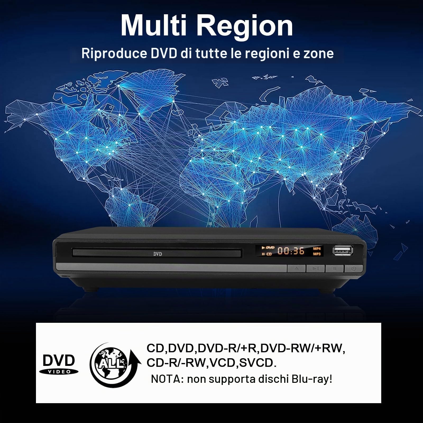 Lettore DVD HD con Porta HDMI per Smart TV | CD MP3 con Ingresso USB | Cavo HDMI e RCA Incluso | Perfetto per i Film per Famiglie (DVD-168)