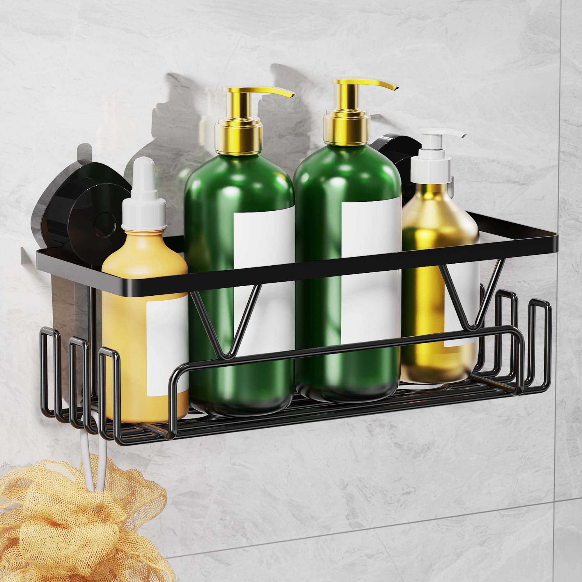 ZUNTO Suction Cup Shower Caddy with Hooks for Bathroom No Drill and Reusable Removable Shower Shelf for Organizer