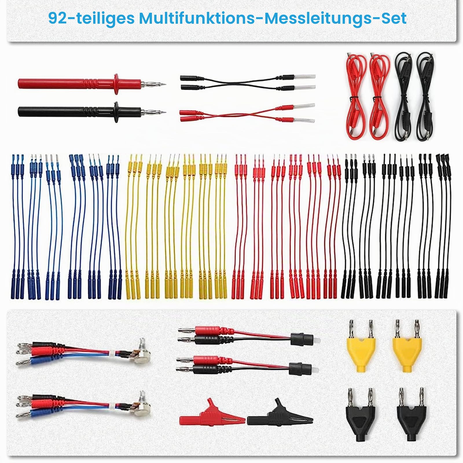Kfz-Messleitungs-Set, 92-Teiliges Multimeter-Messleitungs-Set mit Tragetasche, Elektrische Tester, Drahtanschlüsse, Adapterkabel mit Krokodilklemmen