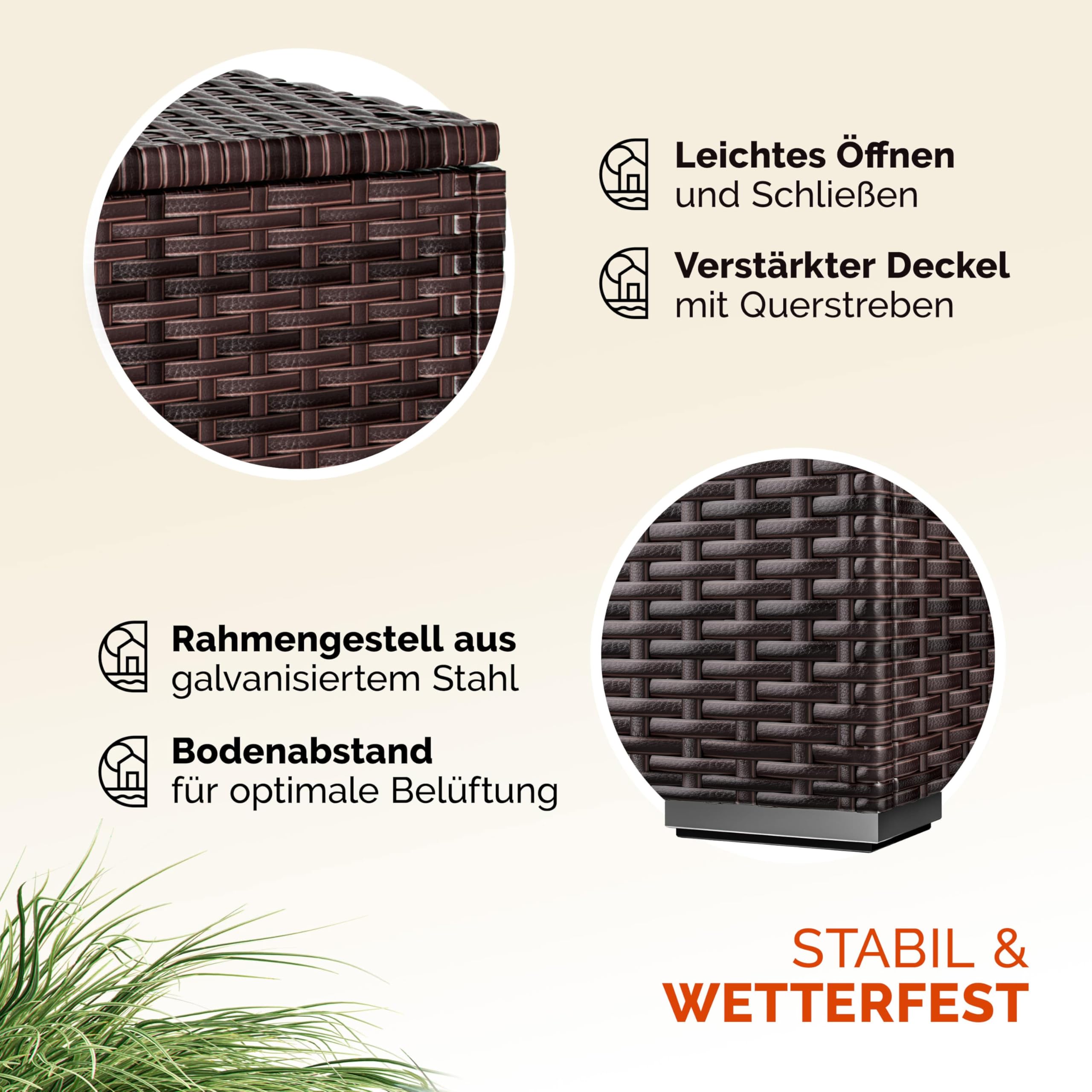 Casaria® Auflagenbox 318L Polyrattan - Wetterfeste Garten Aufbewahrungsbox für Kissen & Sitzauflagen 75x75x70cm, für Balkon, Terrasse und Garten, UV-beständig Braun