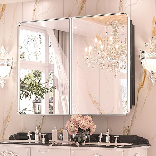 Keonjinn Armarios de medicina de baño cromados de 40 x 32 pulgadas con espejo, estantes ajustables, acero inoxidable, 2 puertas, bisagra de cierre