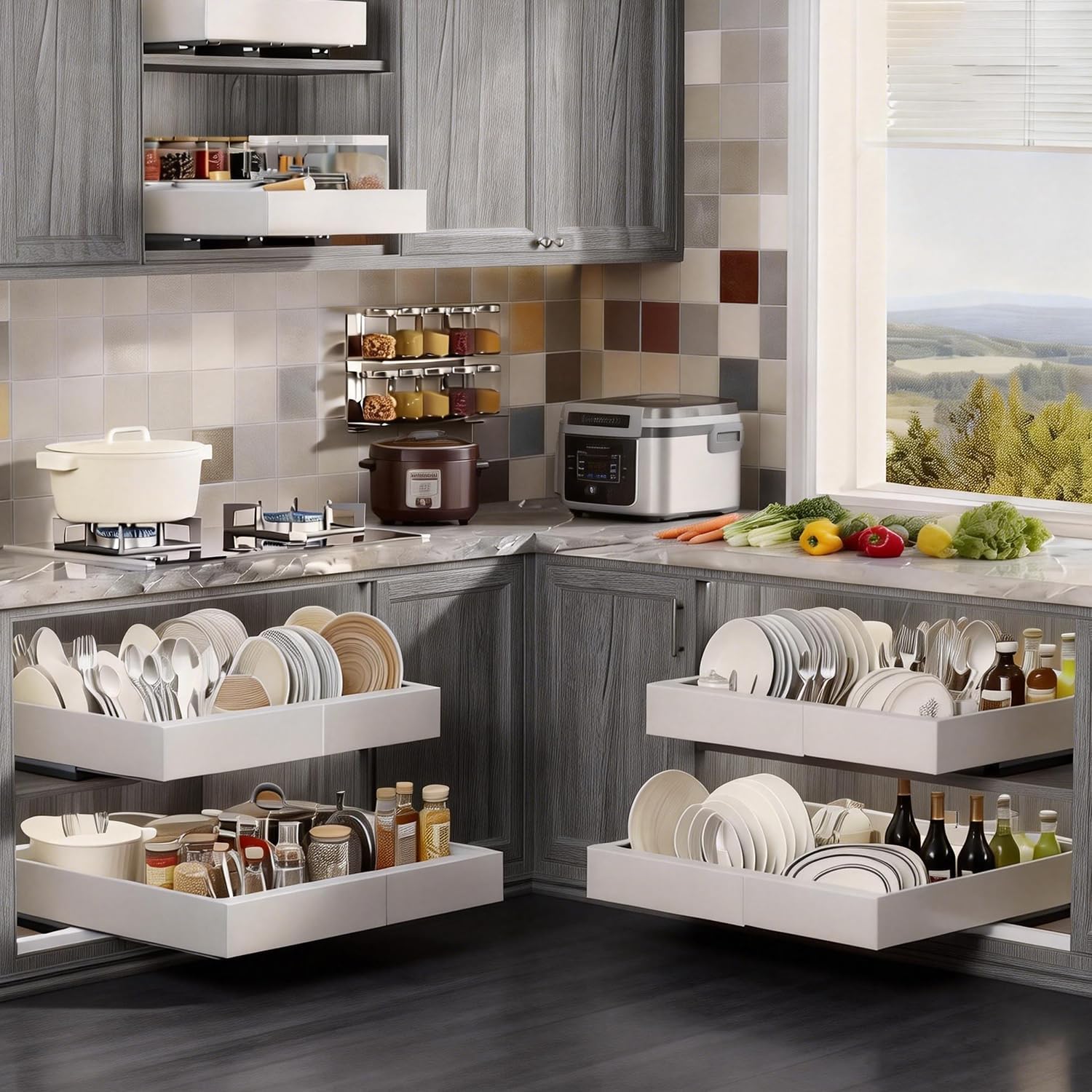 1-Pack Expandable Pull Out Cabinet Organizer 21" Deep with 3 Slide Rails, Adjustable Width (12"-22") Drawer Organizer for Kitchen Pantry Base Cabinets, Fixed with Roll Out Shelves Adhesive, White