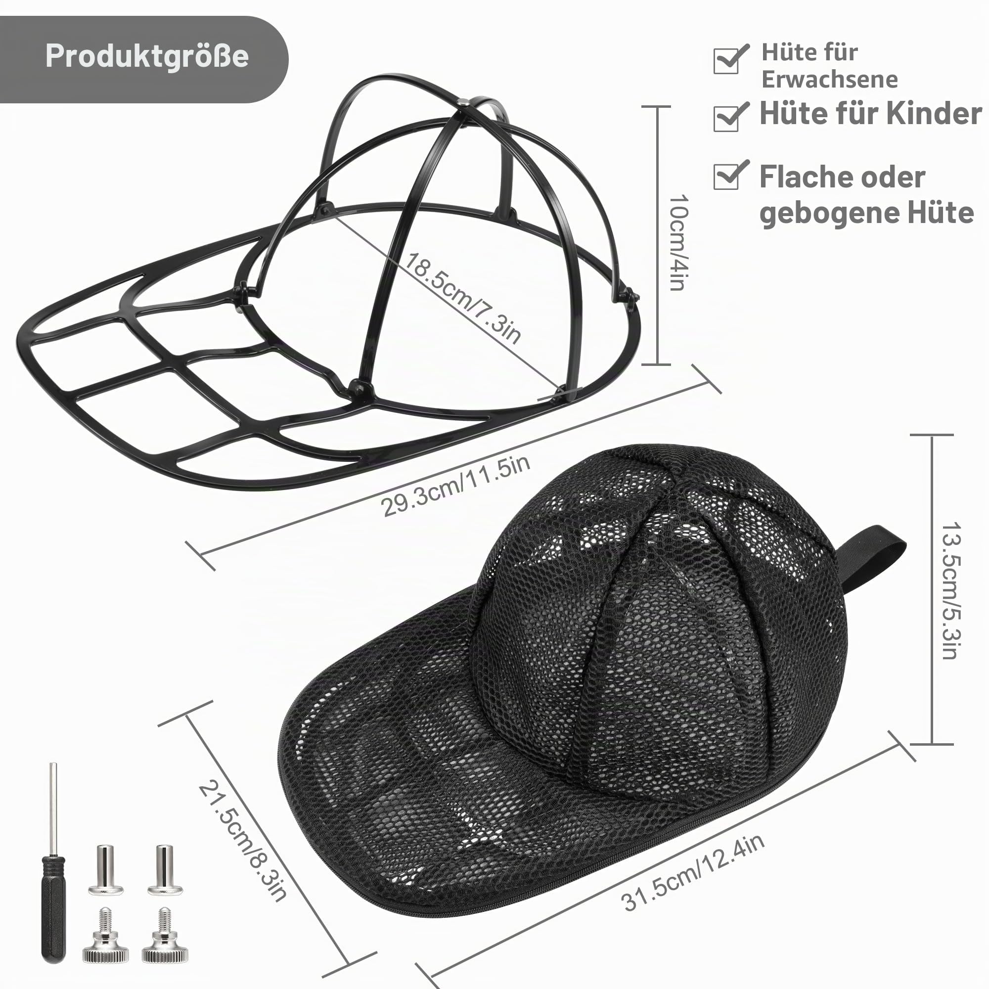 Cap Washer für Baseballmützen, Faltbarer Hut-Unterlegscheibe für Waschmaschine oder Geschirrspüler, Baseball Cap Waschgestell Form für Erwachsene und Kinder, 2 Stück, Schwarz