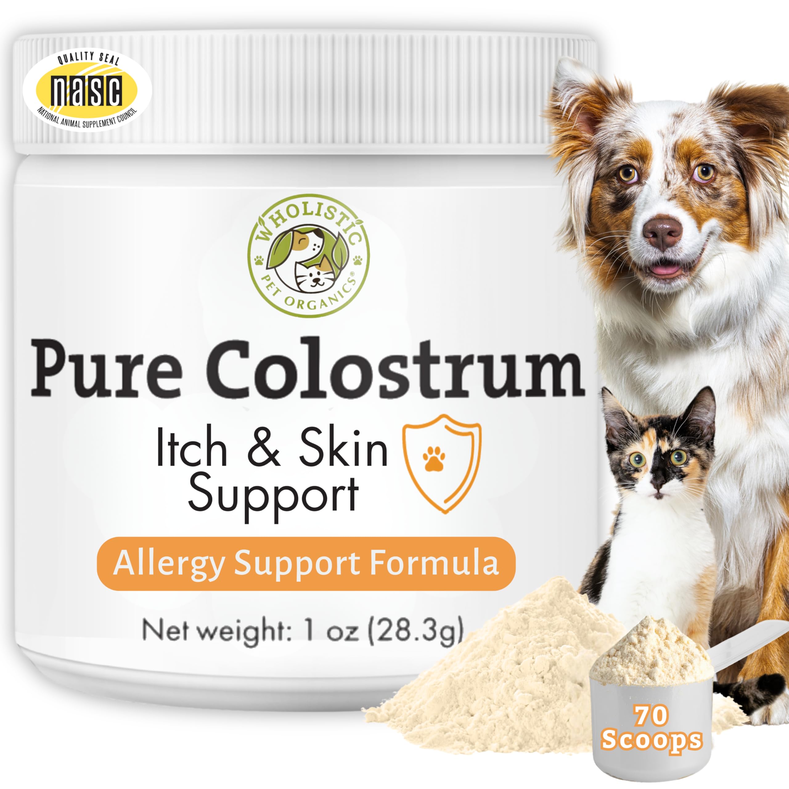 Wholistic Pet Organics Colostrum for Dogs & Cats - Bovine Colostrum Powder - Cat & Dog Allergy Relief, Immune Support & Itching Skin Relief - Cat and Dog Vitamins for Itchy Skin - 1 oz - 70 Scoops