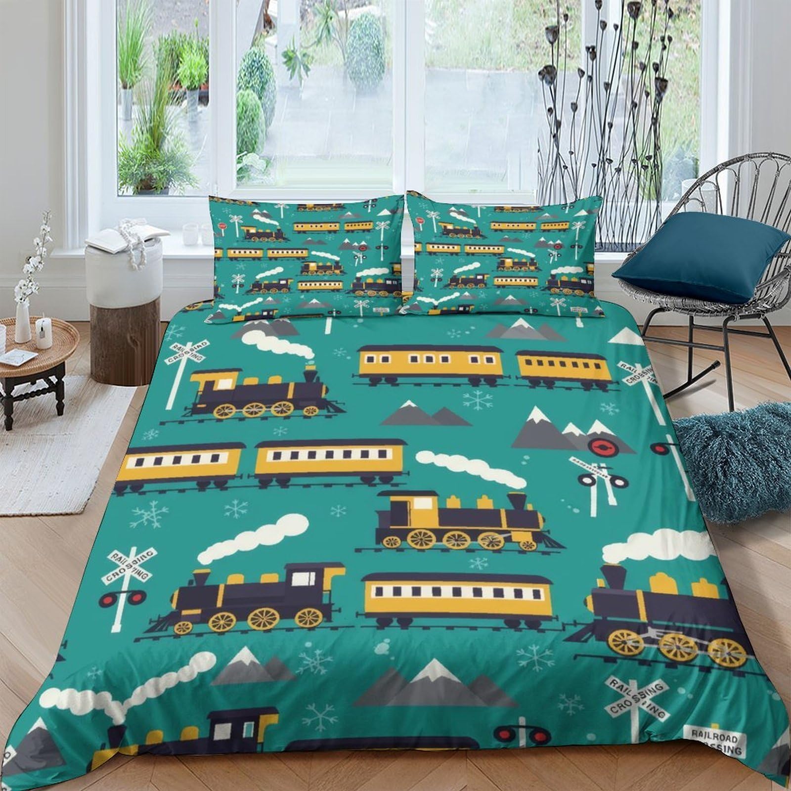 Ctjqhvkz Style-1 3D Printed Steam Train Pattern Fitted Sheet Microfiber Soft Breathable Railway Bed Cover For Bedroom Dorm Decor Single（135X200cm）