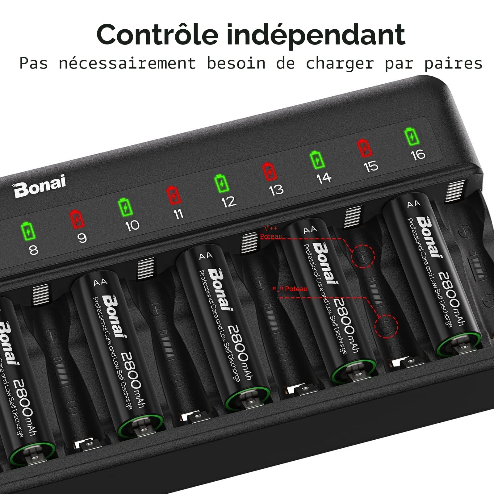 BONAI Chargeur Piles Rechargeable 16 Slots, pour AA/AAA Ni-MH, Contrôle Indépendant par Slot, LED Intelligente, Détection Automatique des Piles Non-Rechargeables, Détection de température Excessive