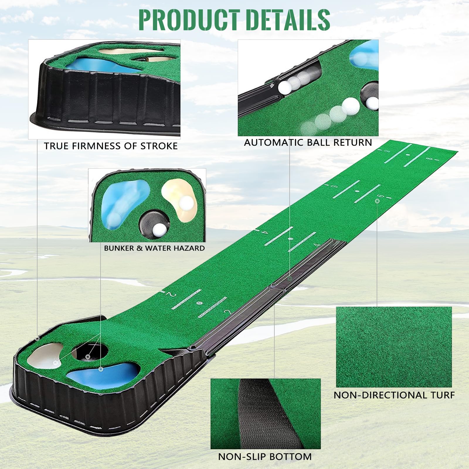 Juego de tapete de golf para interiores verde con bola automática y 3 agujeros ayuda de entrenamiento práctica