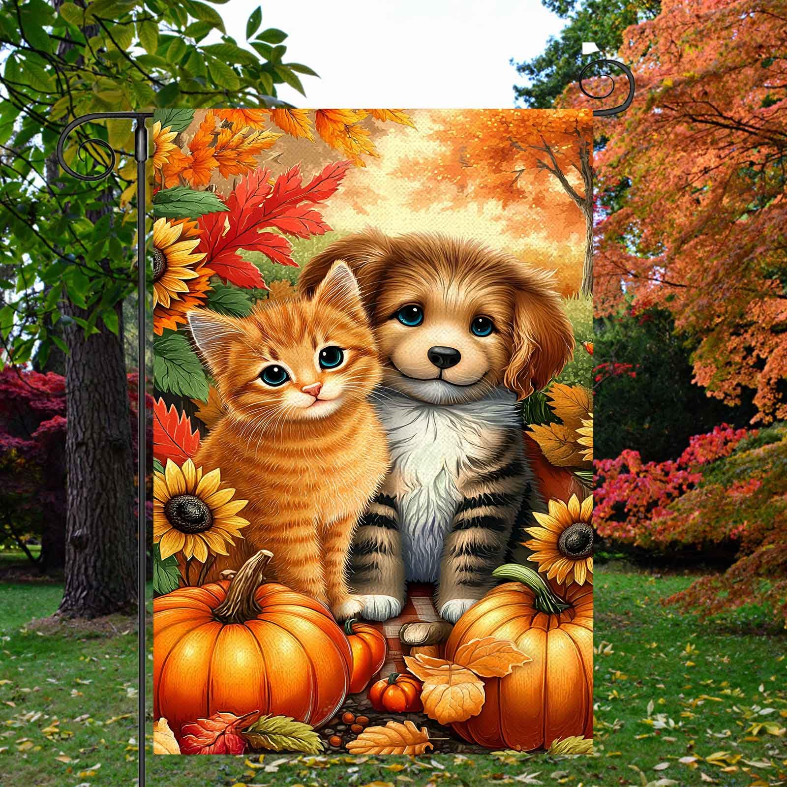 Cute Cat Dog Garden Flag Double Sided 12x18 Inch Fall Autumn Leaves Pumpkin Sunflower Yard Flags Small Mini Thanksgiving Holiday Outside Decorations