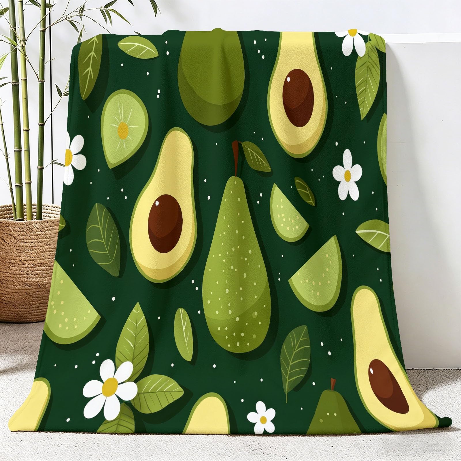 Manta de 180 x 220 cm, diseño de flores y aguacates con hojas impresas, manta de forro polar de franela cálida y mullida, bonita manta dibujada a mano para sofá, cama, viajes, camping