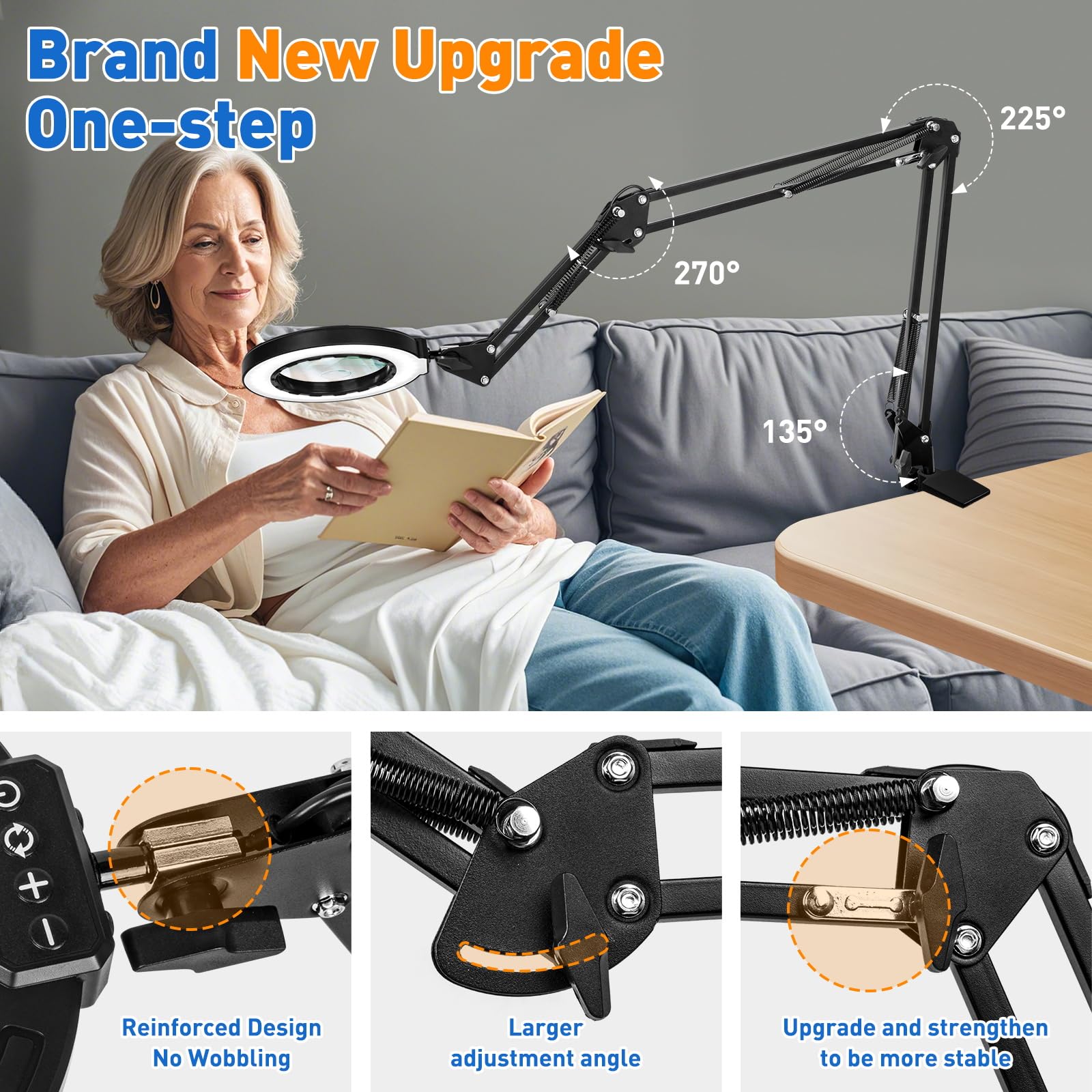 Lámpara de Escritorio de Lupa con Brazo oscilante de 3 Secciones y Abrazadera Grande, Lupa con luz y Soporte para Leer, Manualidades, Trabajo Cerrado, Color Negro