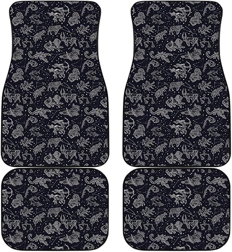 Zodiac Constellation Car Floor Mats Set - Front and Back | Astrology Pattern Print | Vehicle Interior Accessories | Non-Slip Rubber Backing | Universal Fit | Automotive Styling | Auto Decor Items