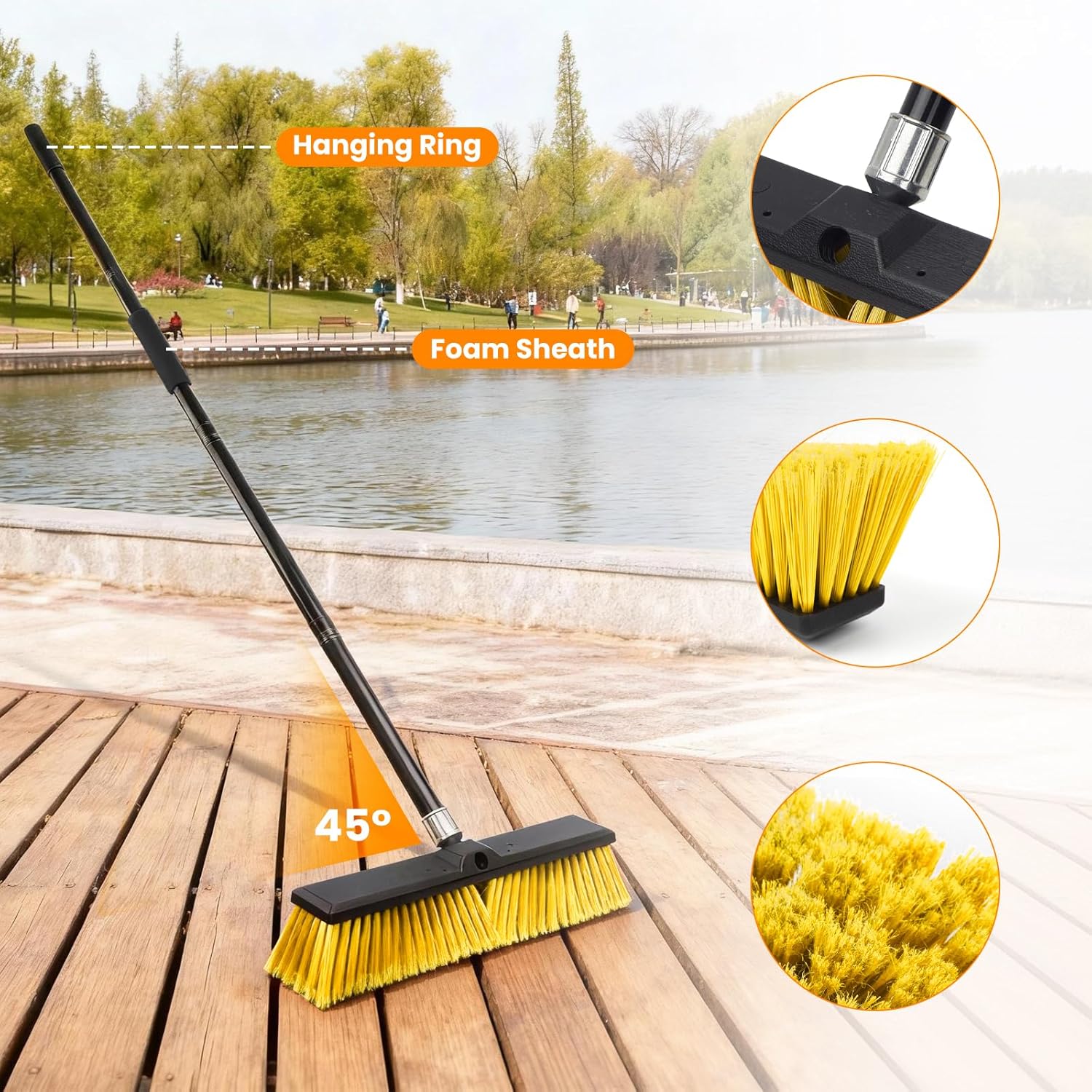18 Inches Push Broom Outdoor，Commercial Broom Brush，Stiff Bristle Brush with 61.8 inches Long Handle for Patio Garage Deck Street Shop Warehouse Lawn Driveway -2 Pack