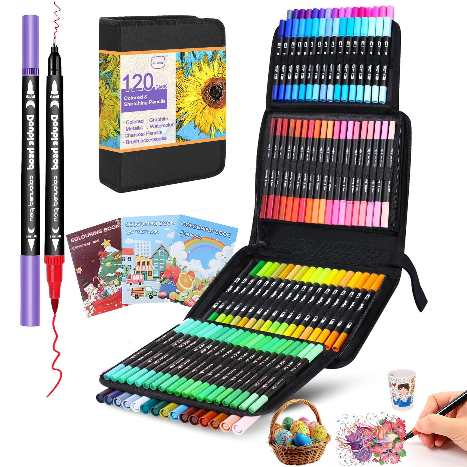MIAOKE Pennarelli A Doppia Punta 120, Con 3 Album Da Colorare, Pennarelli Spessi E Sottili, 3 Ricariche E Una Custodia Nera Impermeabile Per Dipingere