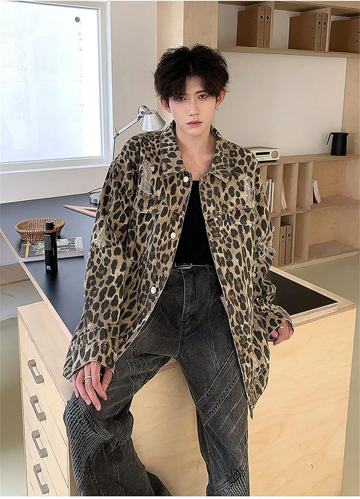 Amazon | [ShuMing] 豹柄 デニムジャケット メンズ ダメージ加工 折り