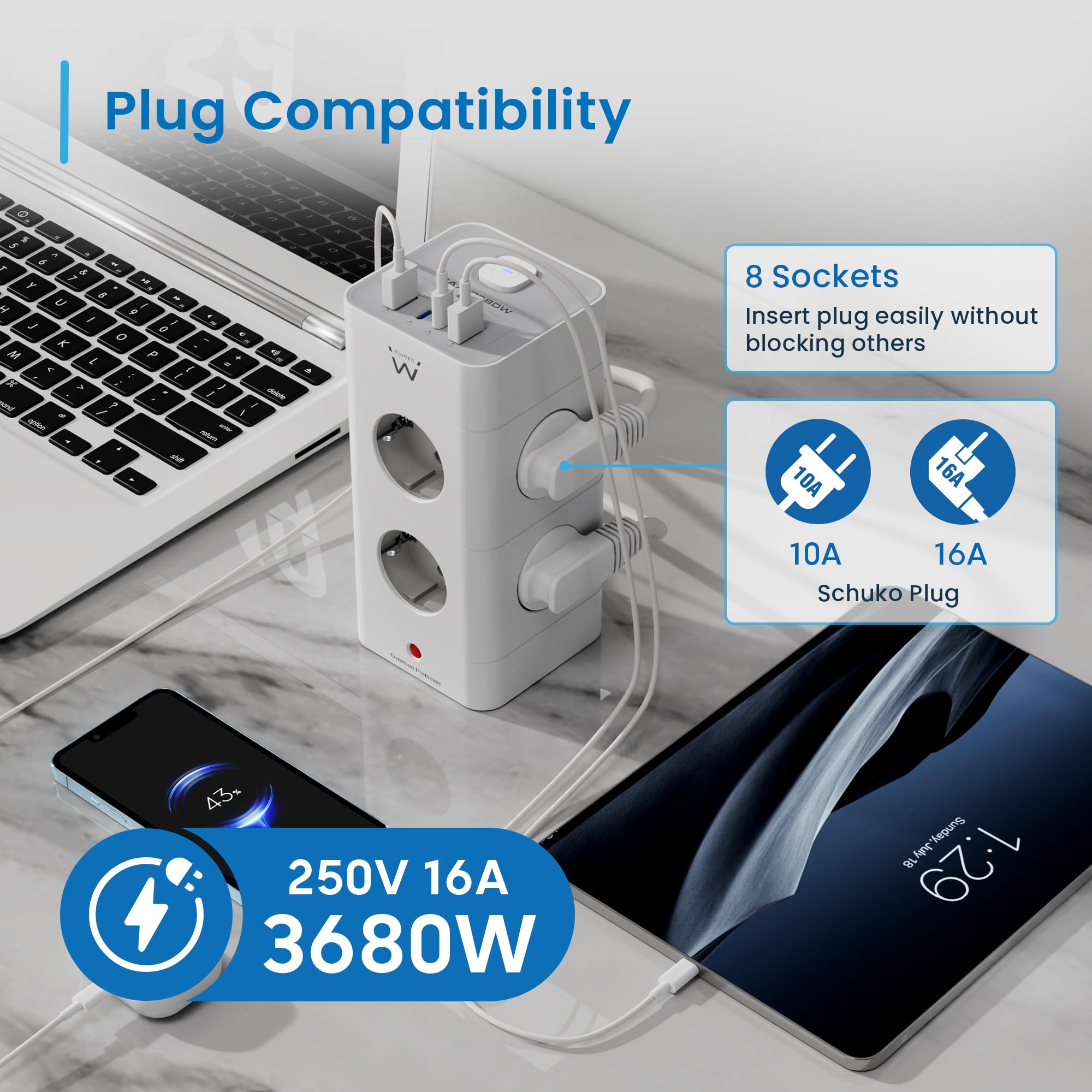 Ewent Pionowe gniazdo wieżowe 12 w 1 (3680 W/16 A); gniazdo wielofunkcyjne z 8 gniazdami wtykowymi Schuko, 2 USB-C i 2 USB-A, z włącznikiem światła, ochrona przed przepięciem, kabel 2 m, do urządzeń