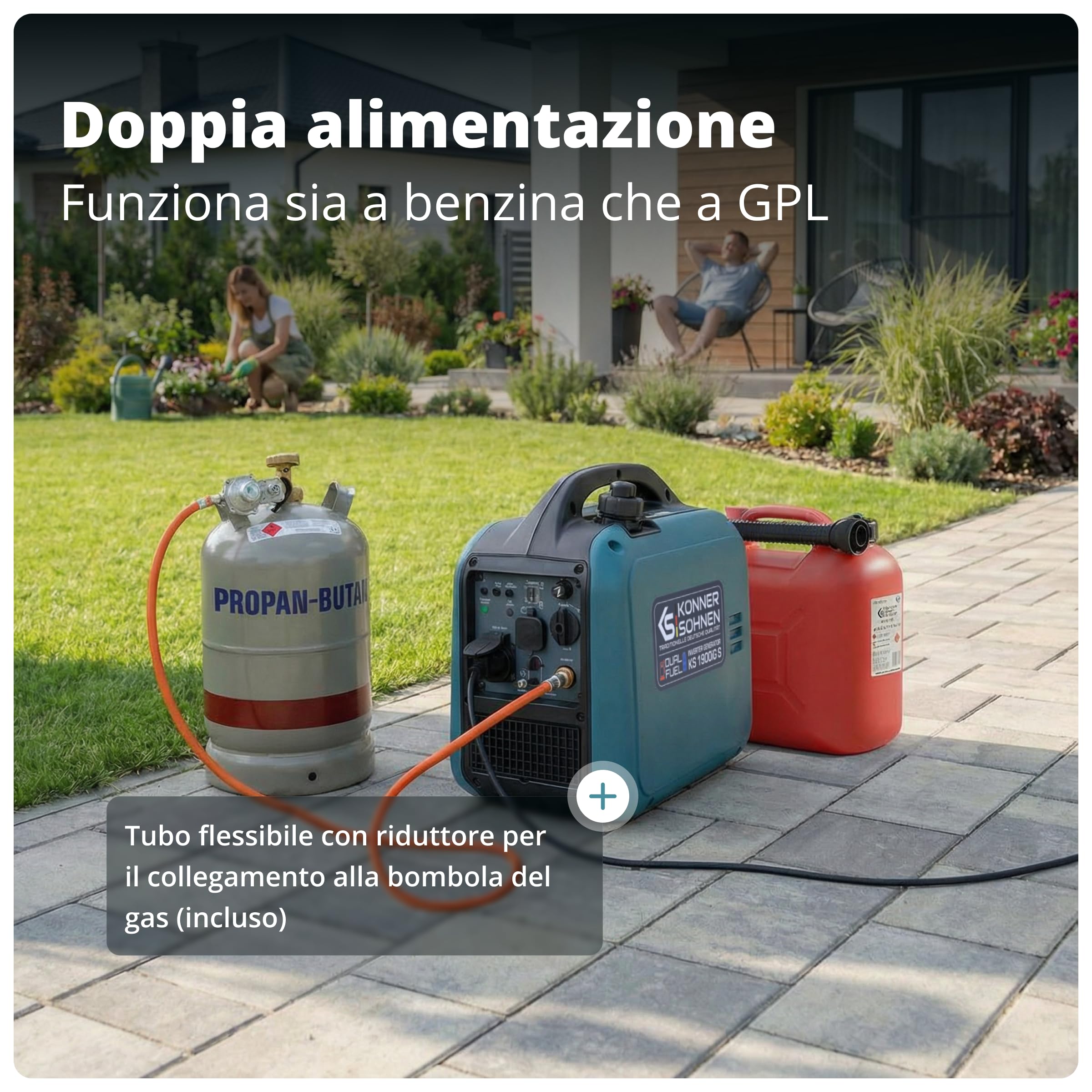 Könner & Söhnen KS 1900iG S Generatore inverter GPL 2,0 kW, Dual Fuel, generatore di corrente inverter Eco-Mode, generatore di corrente di emergenza per uso esterno, generatore a benzina, 230 V/16 A