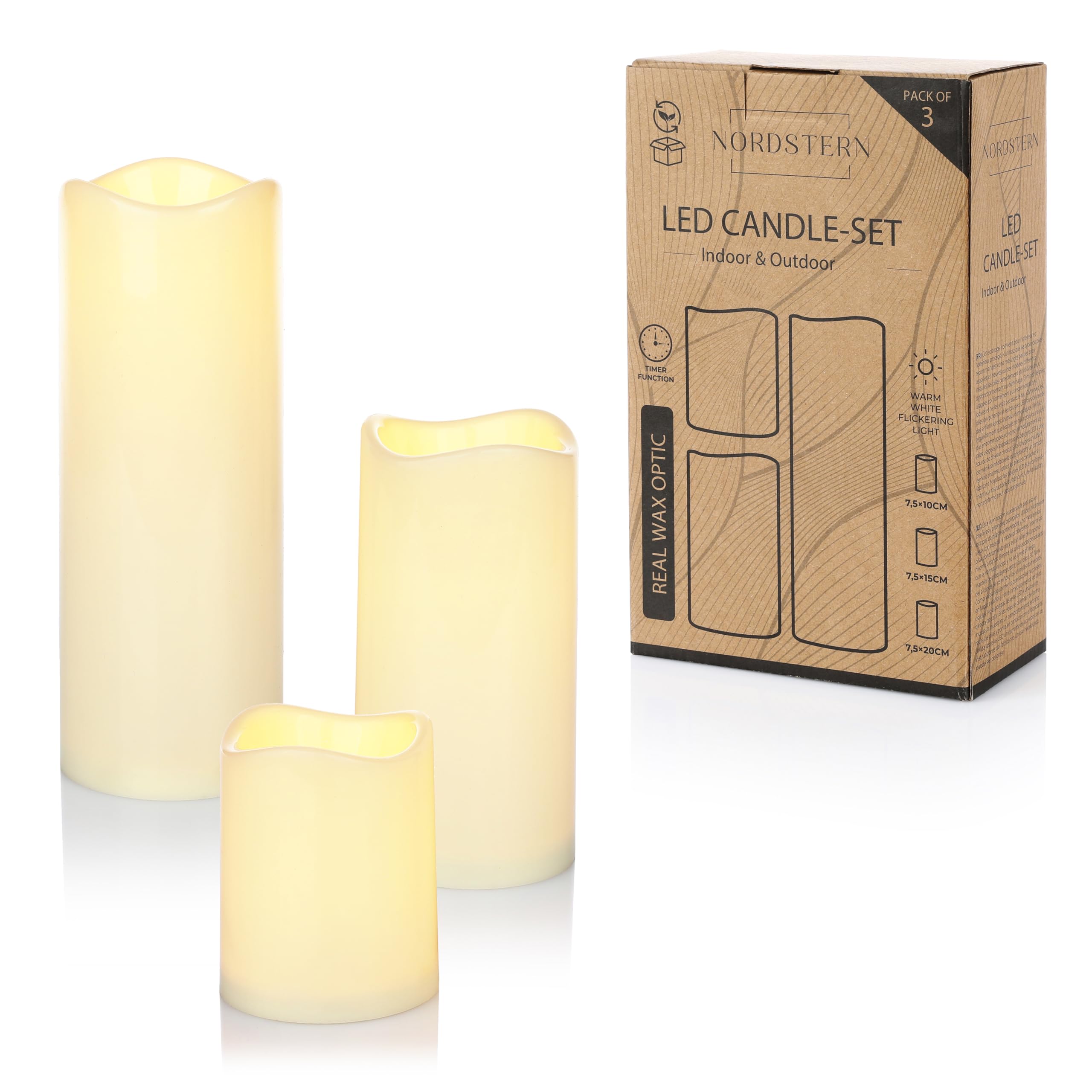 Nordstern White Led Candles Set Of 3 - Pillar Candles With Flickering Light And Timer Function - 6 Hours Warm Battery Operated Light - Indoor And Outdoor
