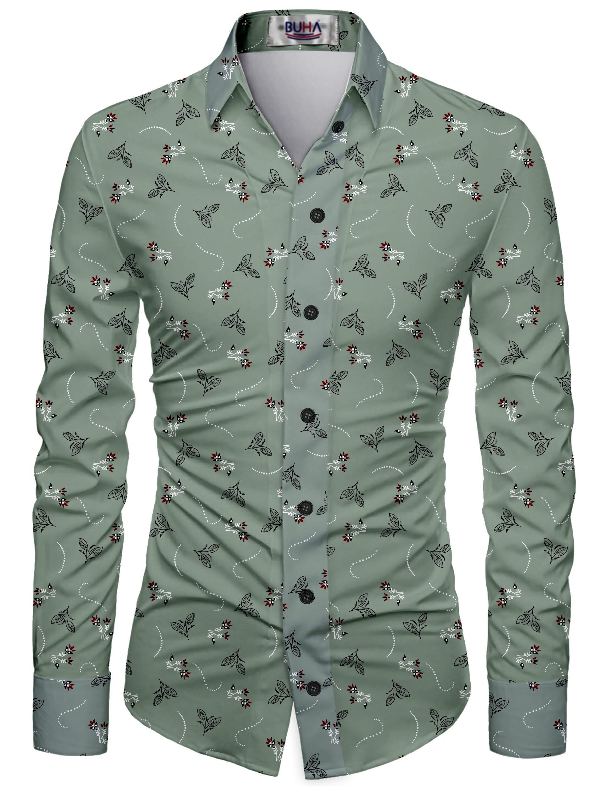 BUHA Men’s Cotton Blend Shirt Fabric 2.25 Mtr Stylish Green Floral Printed Unstitched Fabric for Formal & Casual Shirts – Soft, Durable & Comfortable Material-image-1