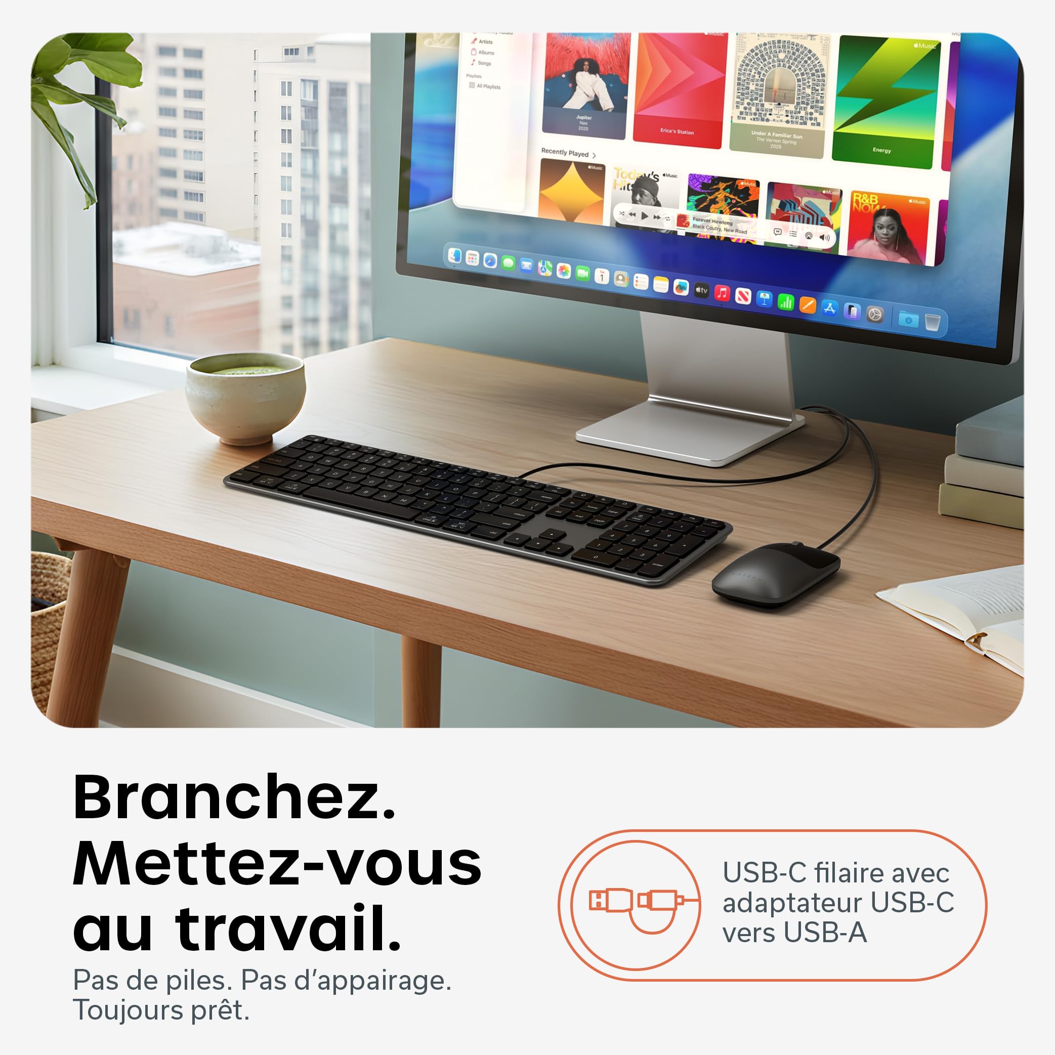 SATECHI Combo Clavier et Souris Filaire Slim CLX3 𝗤𝗪𝗘𝗥𝗧𝗬 𝗨𝗦, USB-C Plug and Play, Idéal pour Bureau, Compatible avec Mac, Windows et Android – Noir Sidéral