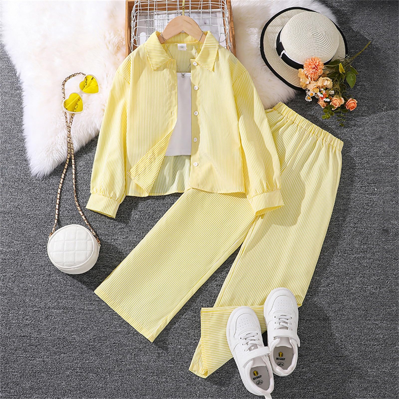 Ensemble Ete Enfant Fille 8-13 ans Tailleur Chemise Manche Longue et Pantalon Ado Fille Ample Pas Cher Chic Confortable Mignon Habillée a la Mode Léger Casual Vacances