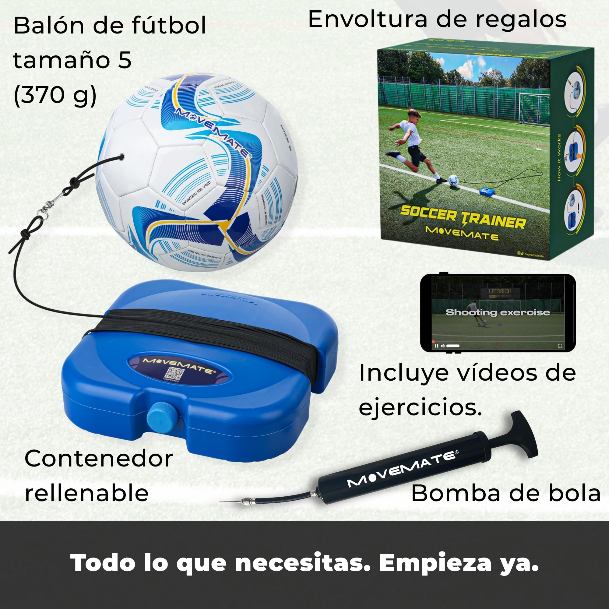 MOVEMATE Juego de entrenamiento de fútbol con cuerda | Popular regalo de fútbol para niños | Innovador dispositivo de entrenamiento para exteriores, en el jardín, en el campo de fútbol