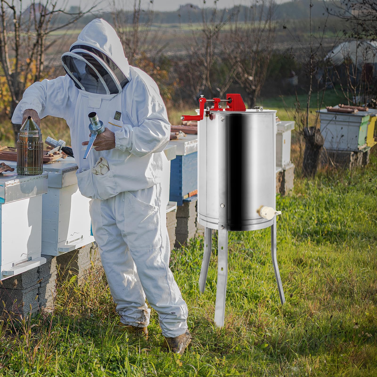 Bonnlo Manuelle Honigschleuder, 4 Waben Rahmen, Imker Zubehör, Extraktor Tangentialschleuder Edelstahl, Honigspender für beekeeper, 108*57*57cm