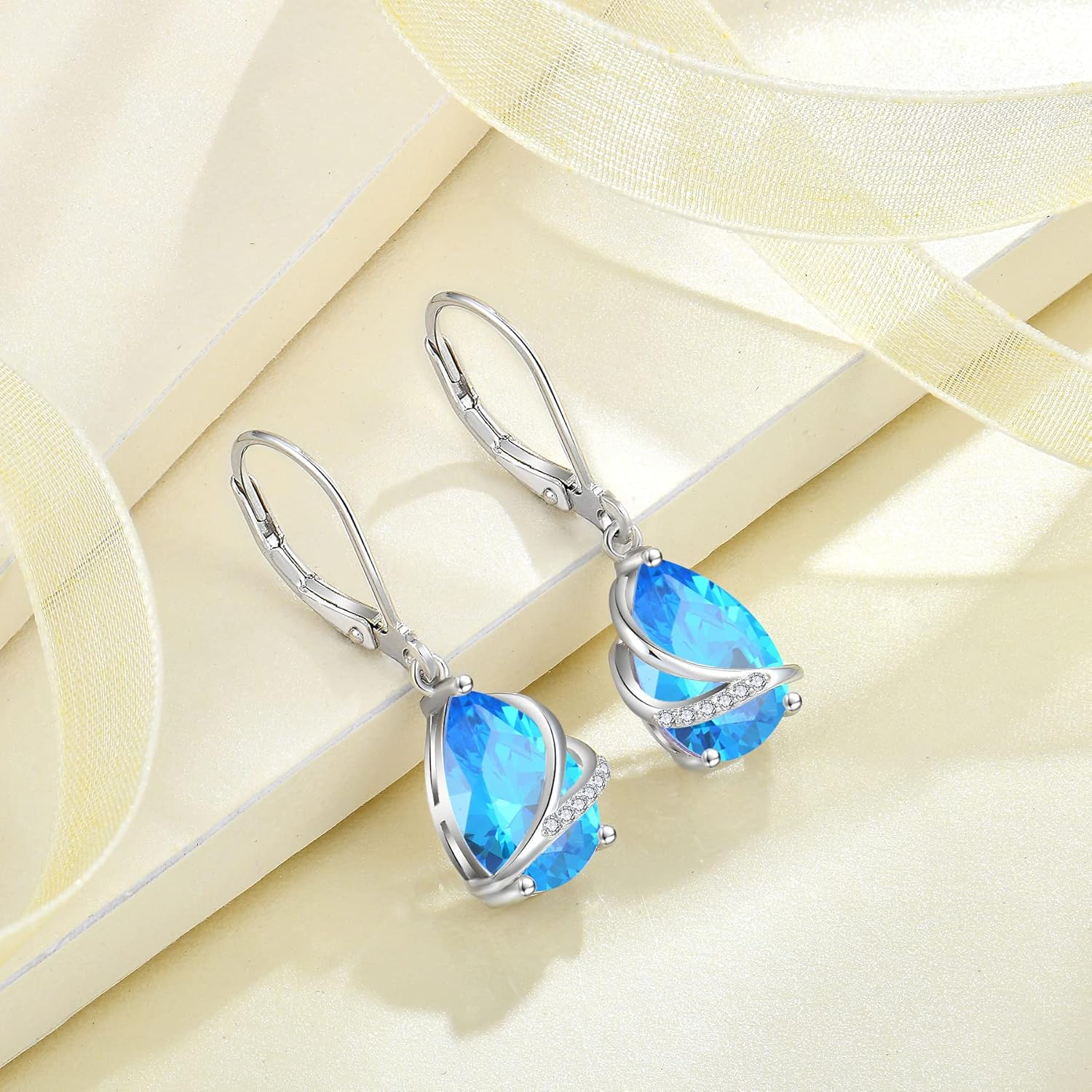 Birthstone Dangle Drop Earrings for Women 925 Sterling Silver Teardrop Leverback Earrings Jewelry Gifts for Wife Mother Her - Image 4