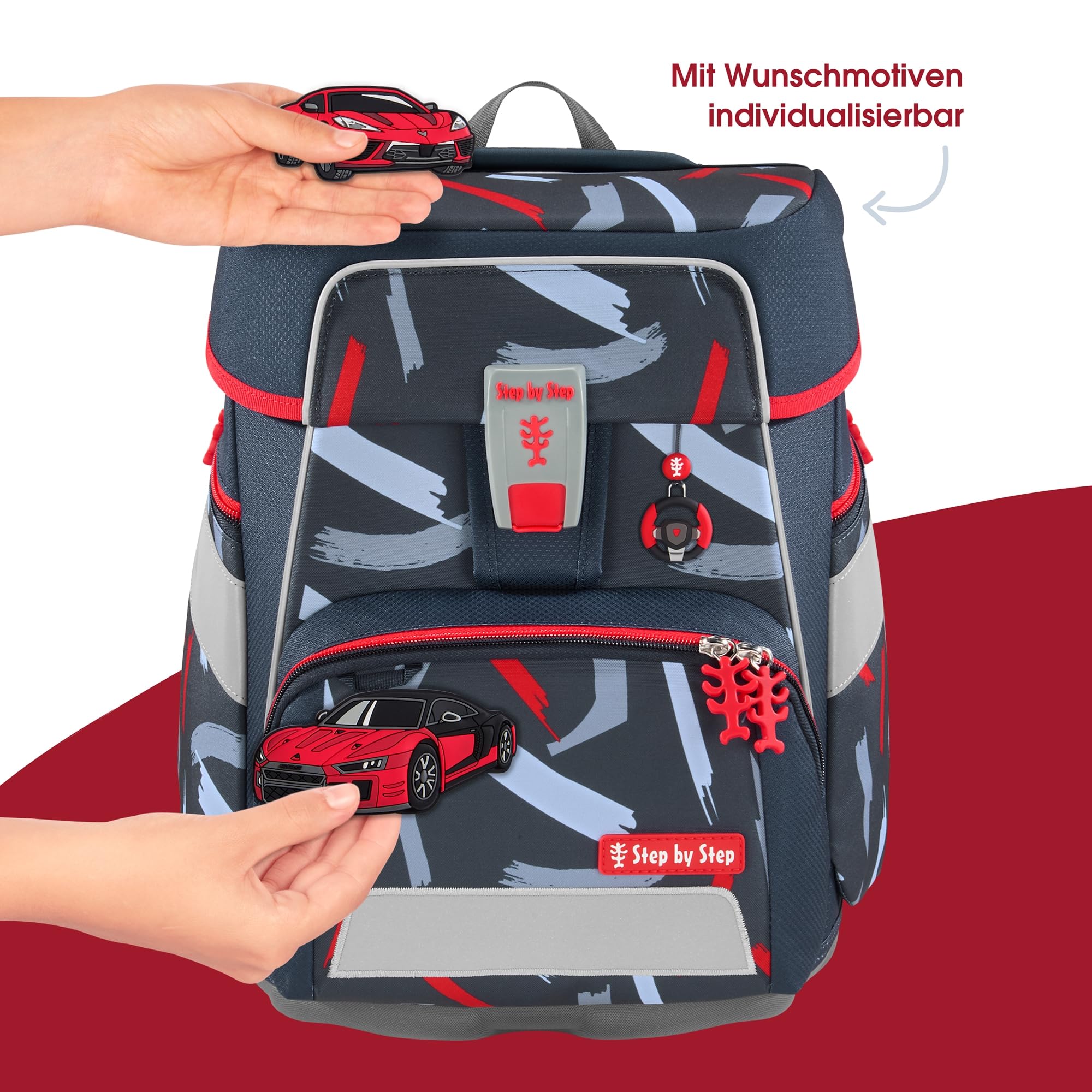 Step by Step Schulranzen-Set SPACE „Sports Car Mick“ 5-teilig, grau-rot, Auto-Design, ergonomischer Tornister mit Reflektoren, höhenverstellbar mit Hüftgurt für Jungen ab der 1. Klasse, 20L