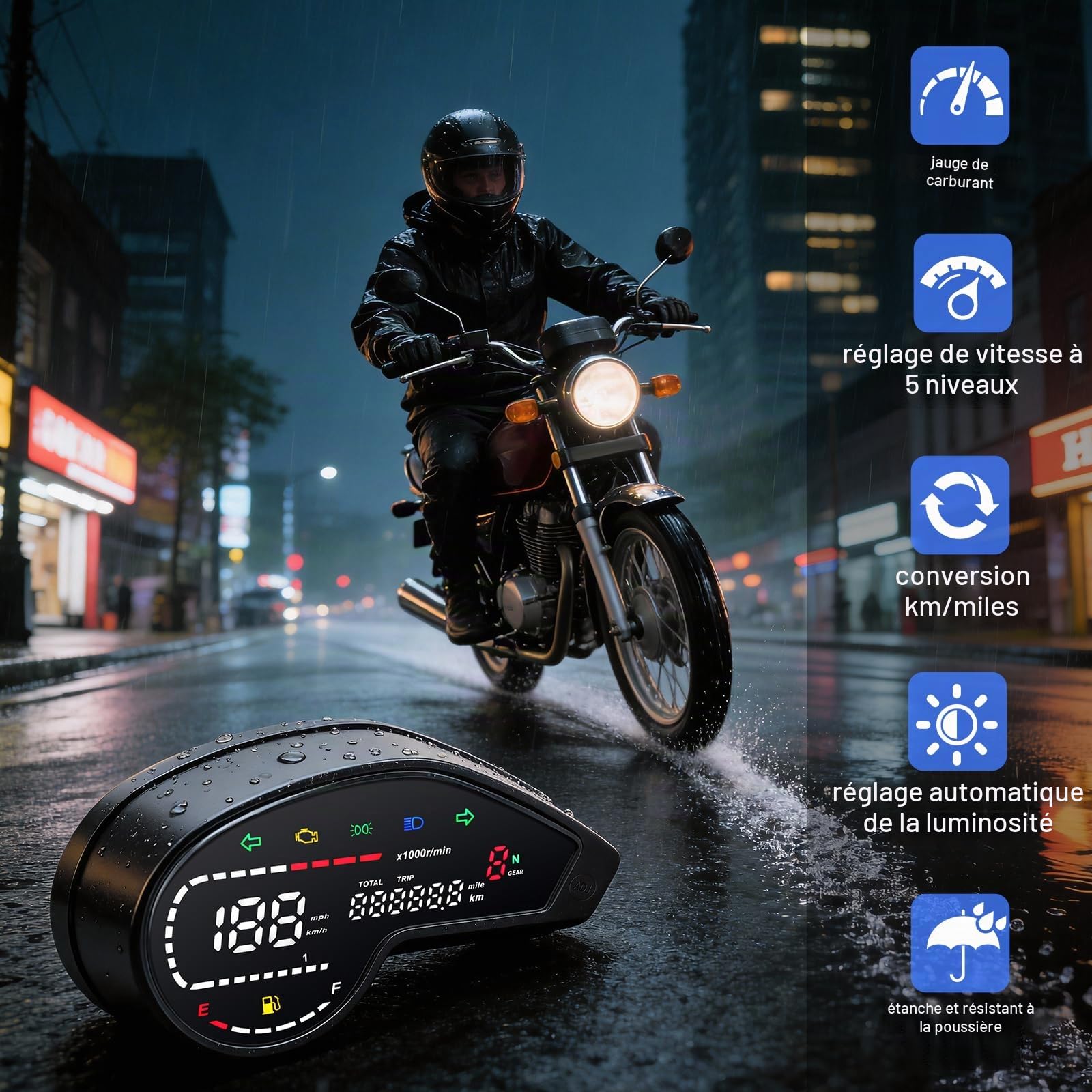 Geloo Tachymètre de moto 10000 tr/min, Compteur Vitesse Moto Rétroéclairage, étanche, jauge pour Honda NXR150 NXR125 Réglage automatique de la luminosité