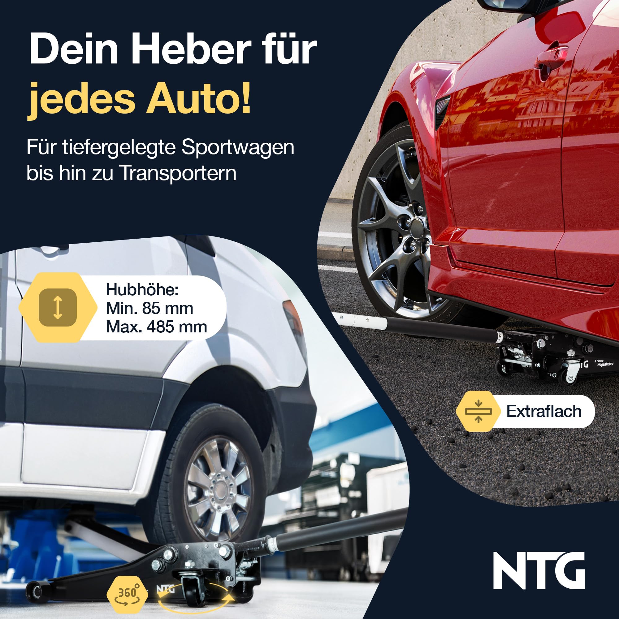 NTG HYDRAULISCHER WAGENHEBER 3T – Wagenheber Hydraulisch mit Doppelkolben & Schnellhub, 85–485 mm Hubhöhe – Rangierwagenheber inkl. 2 Gummiauflagen für PKW & SUV