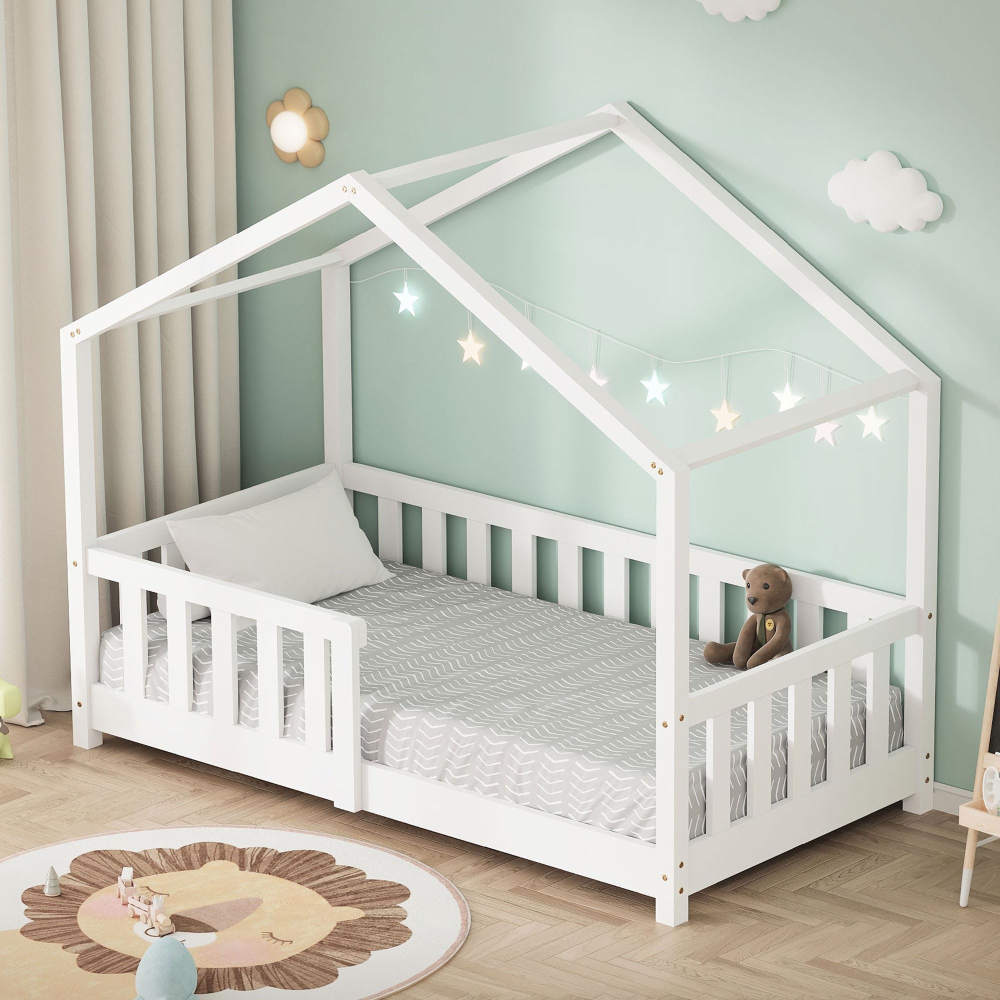 ML-​Design Lit Cabane d'enfant 70x140 cm Blanc en Pin Massif avec Protection Antichute, Toit et Sommier à Lattes, Style Maison, Couchage au Sol Montessori Cadre pour Fille Garçon Chambre à Coucher