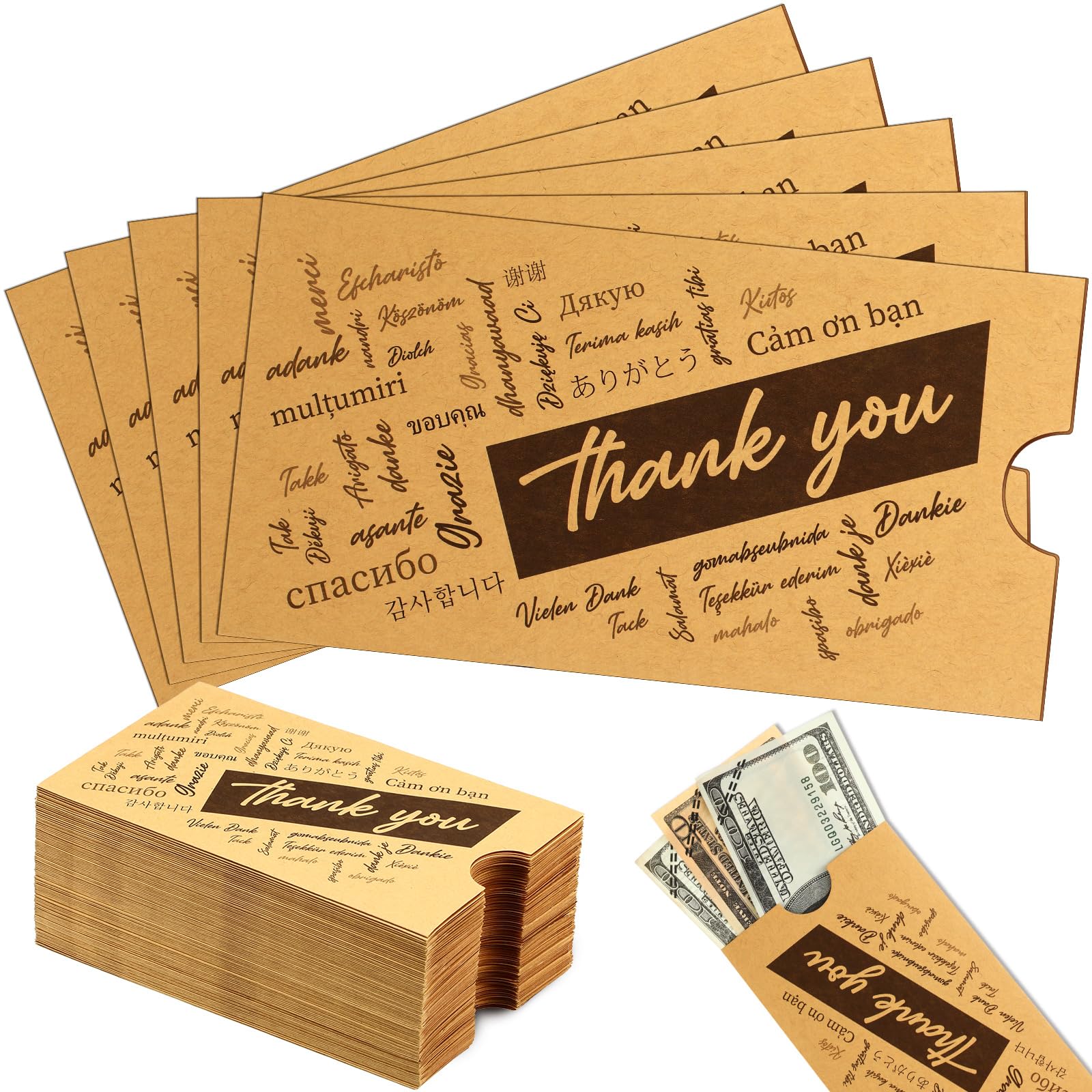 Crtiin 100 Pack Thank You Kraft Money Envelopes for Cash Gifts Gratuity Tip Envelopes Bulk 3.5 x 6.5 Inch Small Coin Mail Seed Packet Holders for Tips